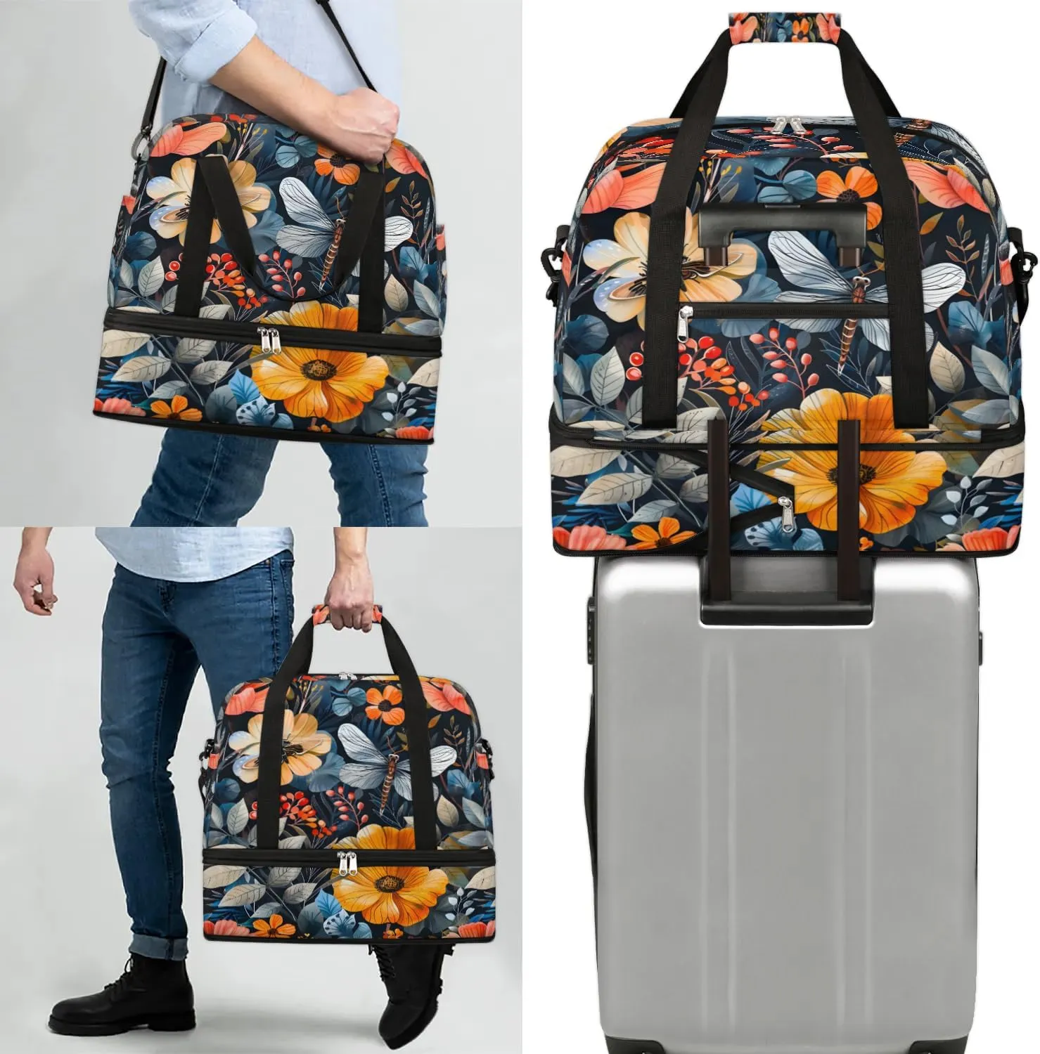 Graceful Flower Beautiful Patterns Travel Duffle Bag, Collapsible Travel Bag Sports Gym Bag With Shoes Compartment Weekender Bag Overnight Bag For Women Men