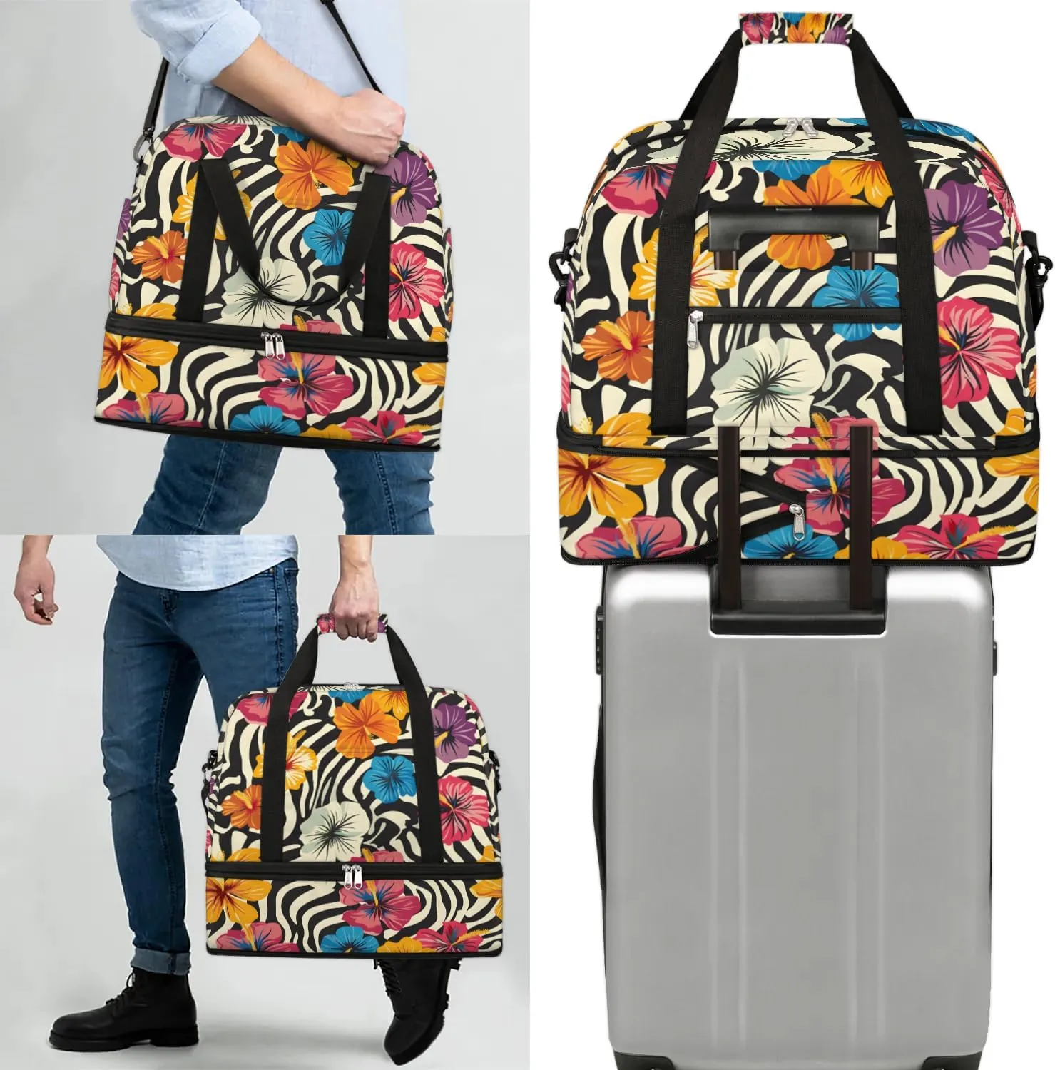 Graceful Flower Beautiful Print Travel Duffle Bag, Collapsible Travel Bag Sports Gym Bag With Shoes Compartment Weekender Bag Overnight Bag For Women Men
