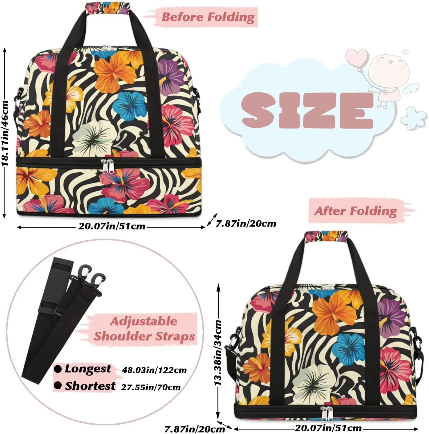 Graceful Flower Beautiful Print Travel Duffle Bag, Collapsible Travel Bag Sports Gym Bag With Shoes Compartment Weekender Bag Overnight Bag For Women Men