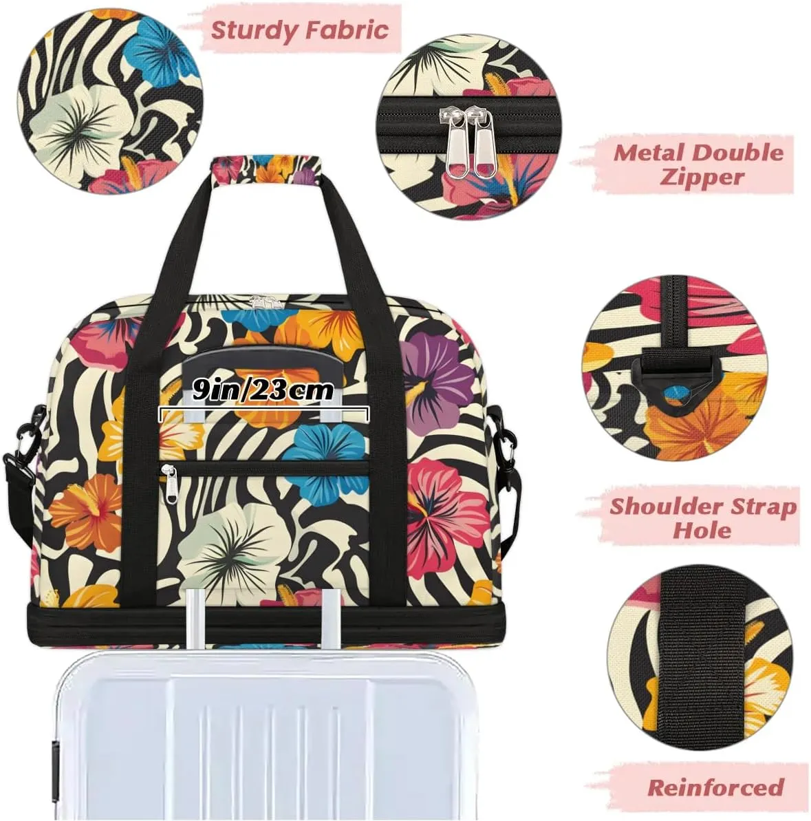Graceful Flower Beautiful Print Travel Duffle Bag, Collapsible Travel Bag Sports Gym Bag With Shoes Compartment Weekender Bag Overnight Bag For Women Men
