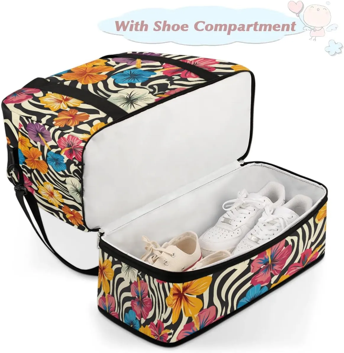 Graceful Flower Beautiful Print Travel Duffle Bag, Collapsible Travel Bag Sports Gym Bag With Shoes Compartment Weekender Bag Overnight Bag For Women Men
