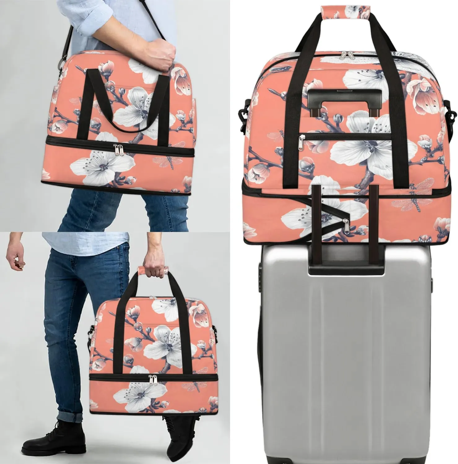 Graceful Flower Beautiful Printings Travel Duffle Bag, Collapsible Travel Bag Sports Gym Bag With Shoes Compartment Weekender Bag Overnight Bag For Women Men