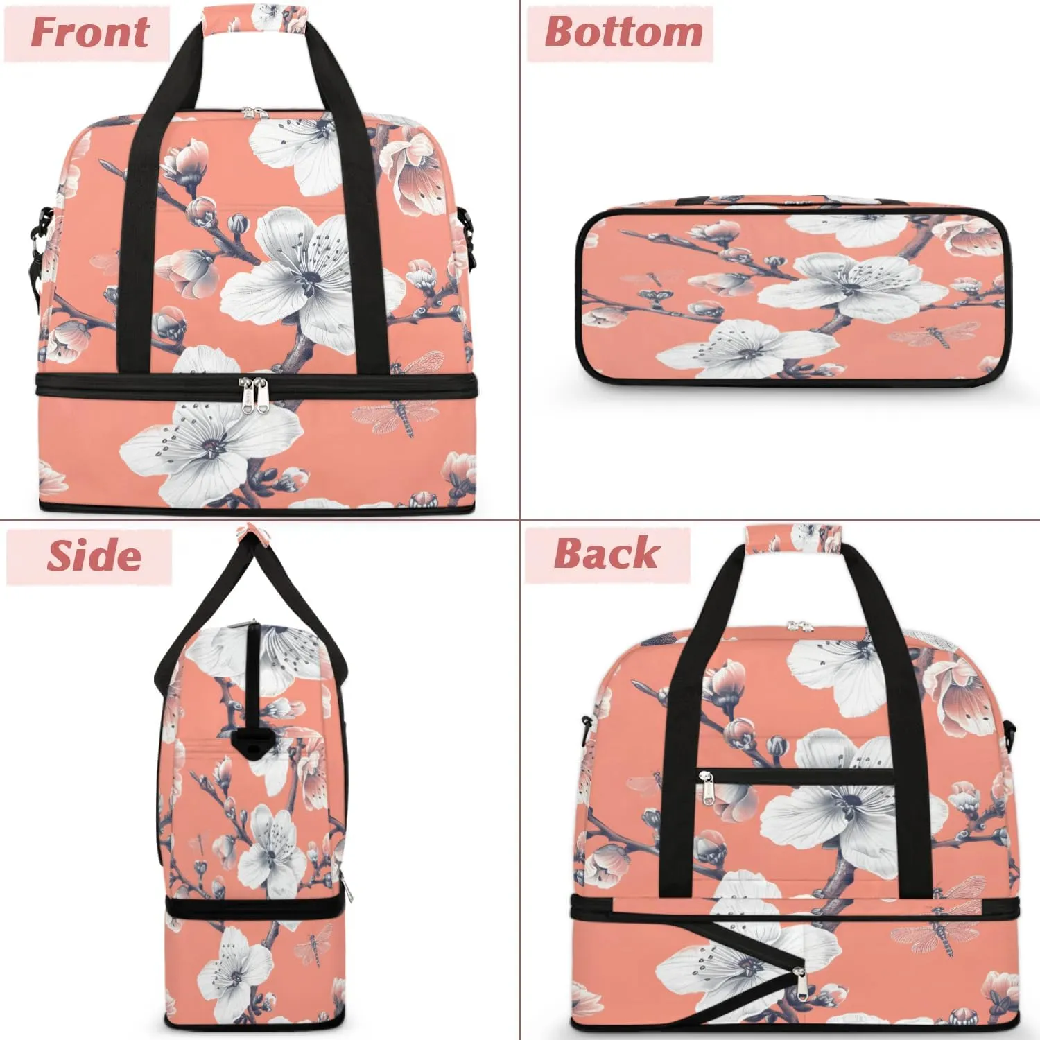 Graceful Flower Beautiful Printings Travel Duffle Bag, Collapsible Travel Bag Sports Gym Bag With Shoes Compartment Weekender Bag Overnight Bag For Women Men