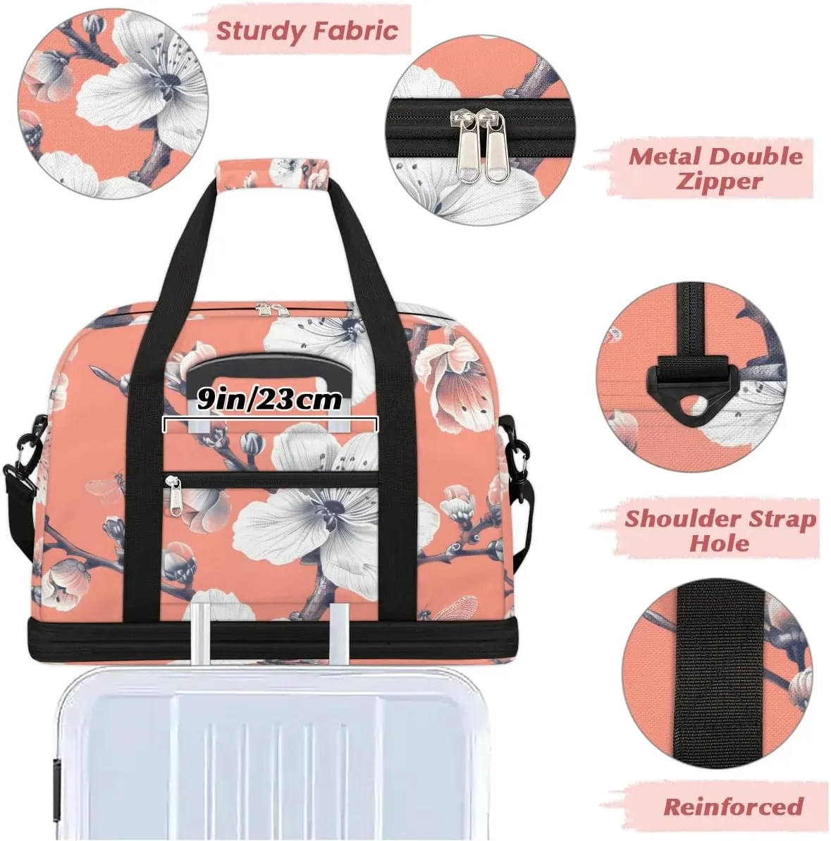 Graceful Flower Beautiful Printings Travel Duffle Bag, Collapsible Travel Bag Sports Gym Bag With Shoes Compartment Weekender Bag Overnight Bag For Women Men