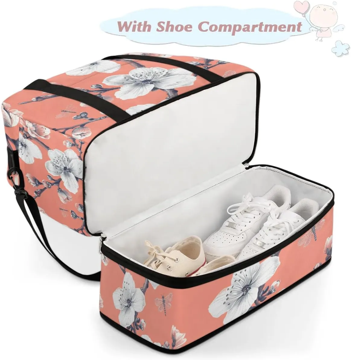 Graceful Flower Beautiful Printings Travel Duffle Bag, Collapsible Travel Bag Sports Gym Bag With Shoes Compartment Weekender Bag Overnight Bag For Women Men