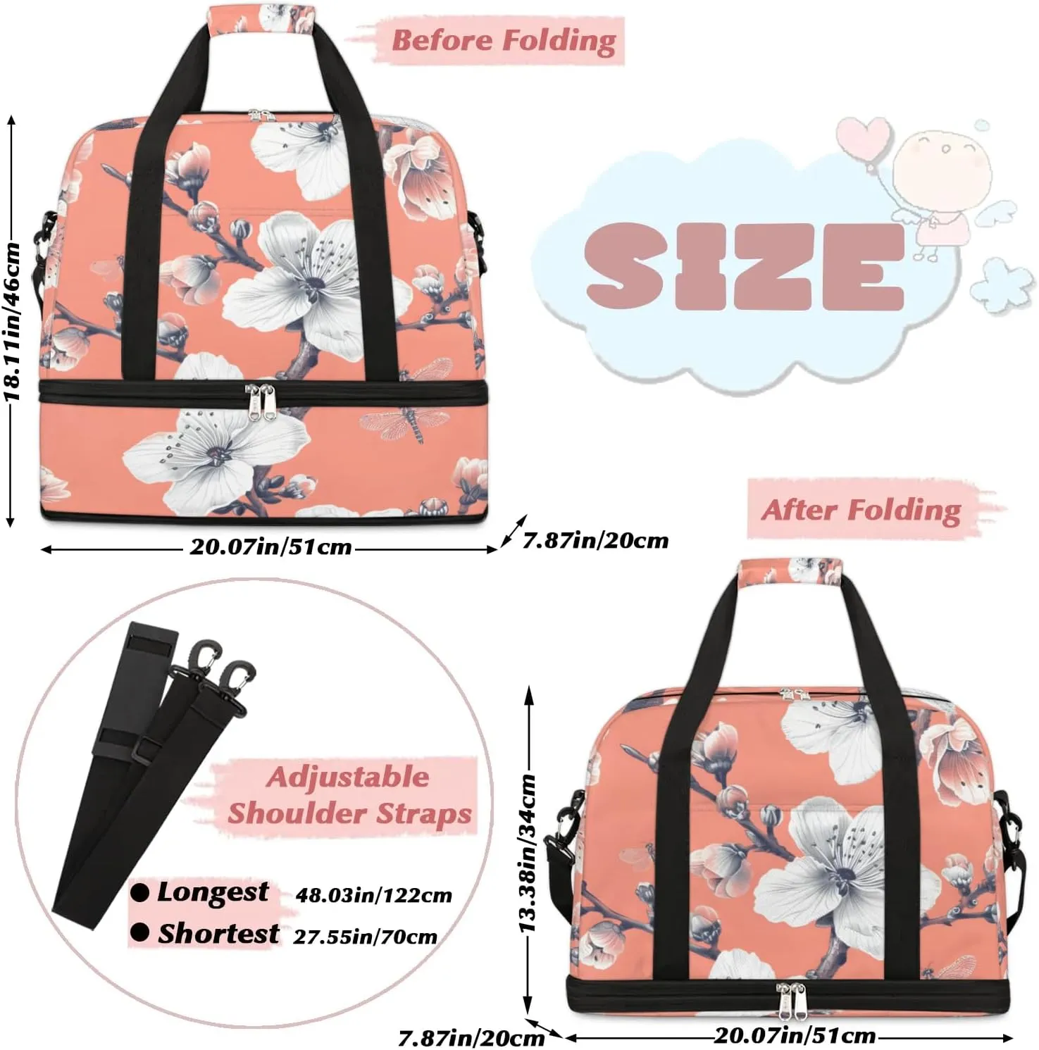 Graceful Flower Beautiful Printings Travel Duffle Bag, Collapsible Travel Bag Sports Gym Bag With Shoes Compartment Weekender Bag Overnight Bag For Women Men