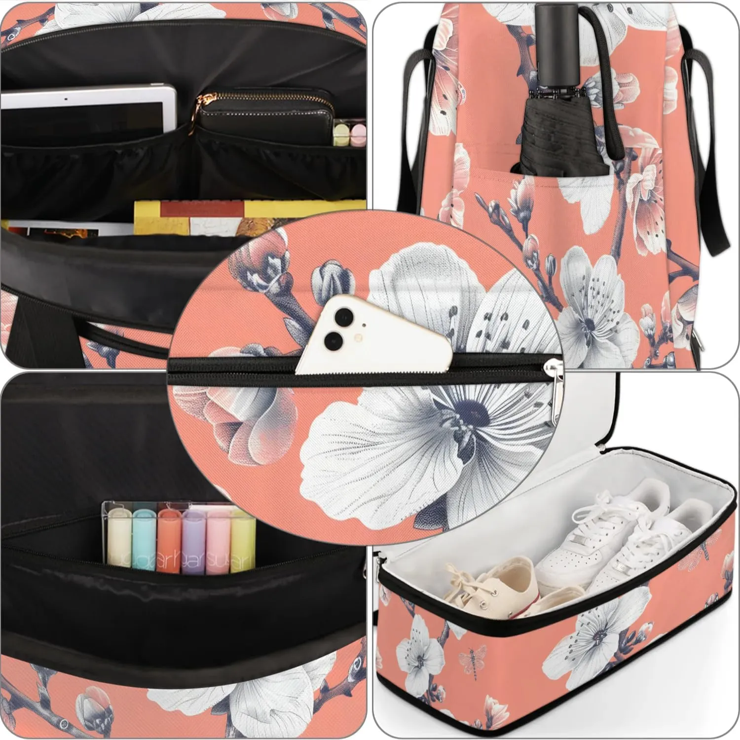 Graceful Flower Beautiful Printings Travel Duffle Bag, Collapsible Travel Bag Sports Gym Bag With Shoes Compartment Weekender Bag Overnight Bag For Women Men