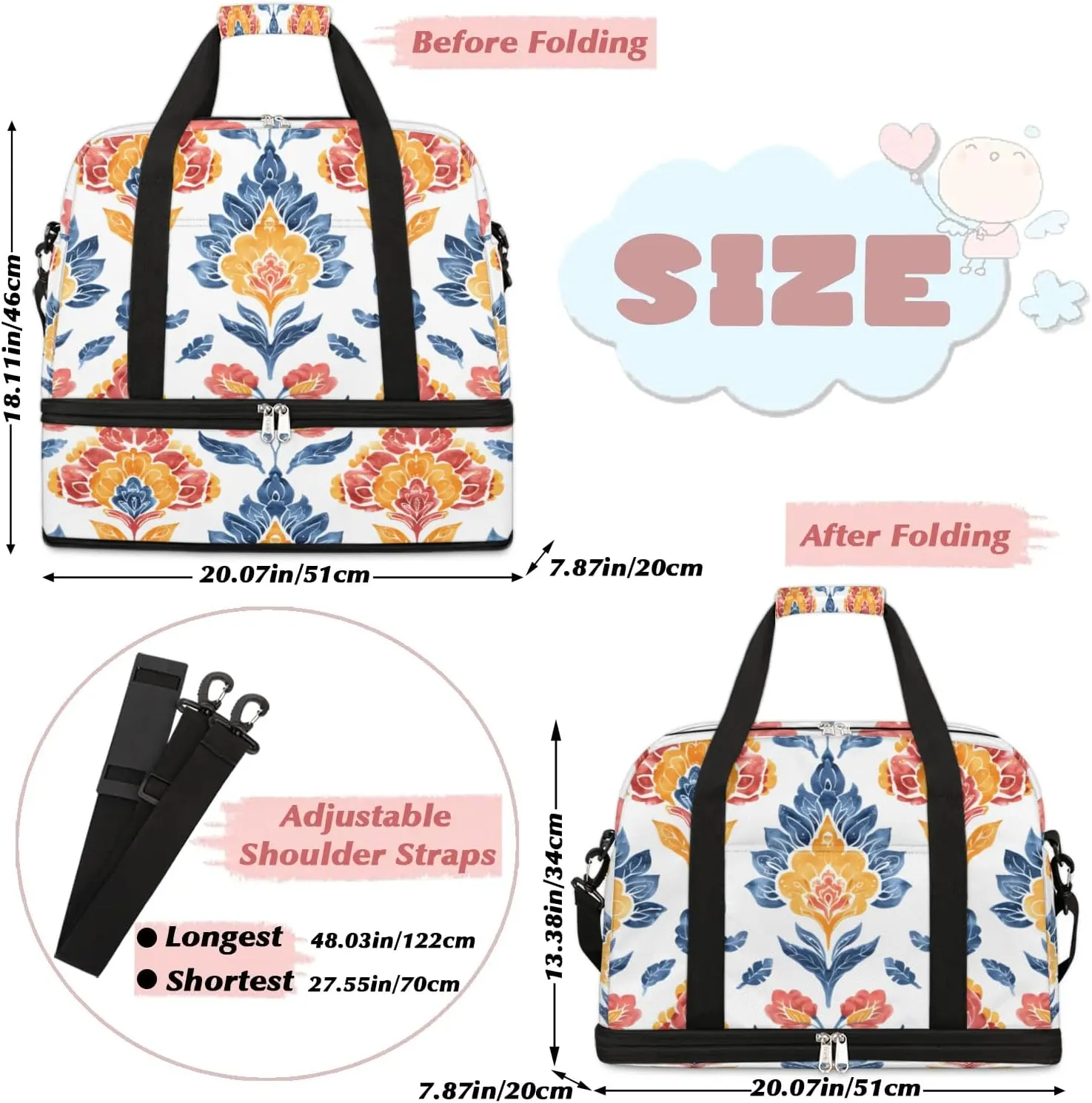 Graceful Flower Beauty Pattern Travel Duffle Bag, Collapsible Travel Bag Sports Gym Bag With Shoes Compartment Weekender Bag Overnight Bag For Women Men