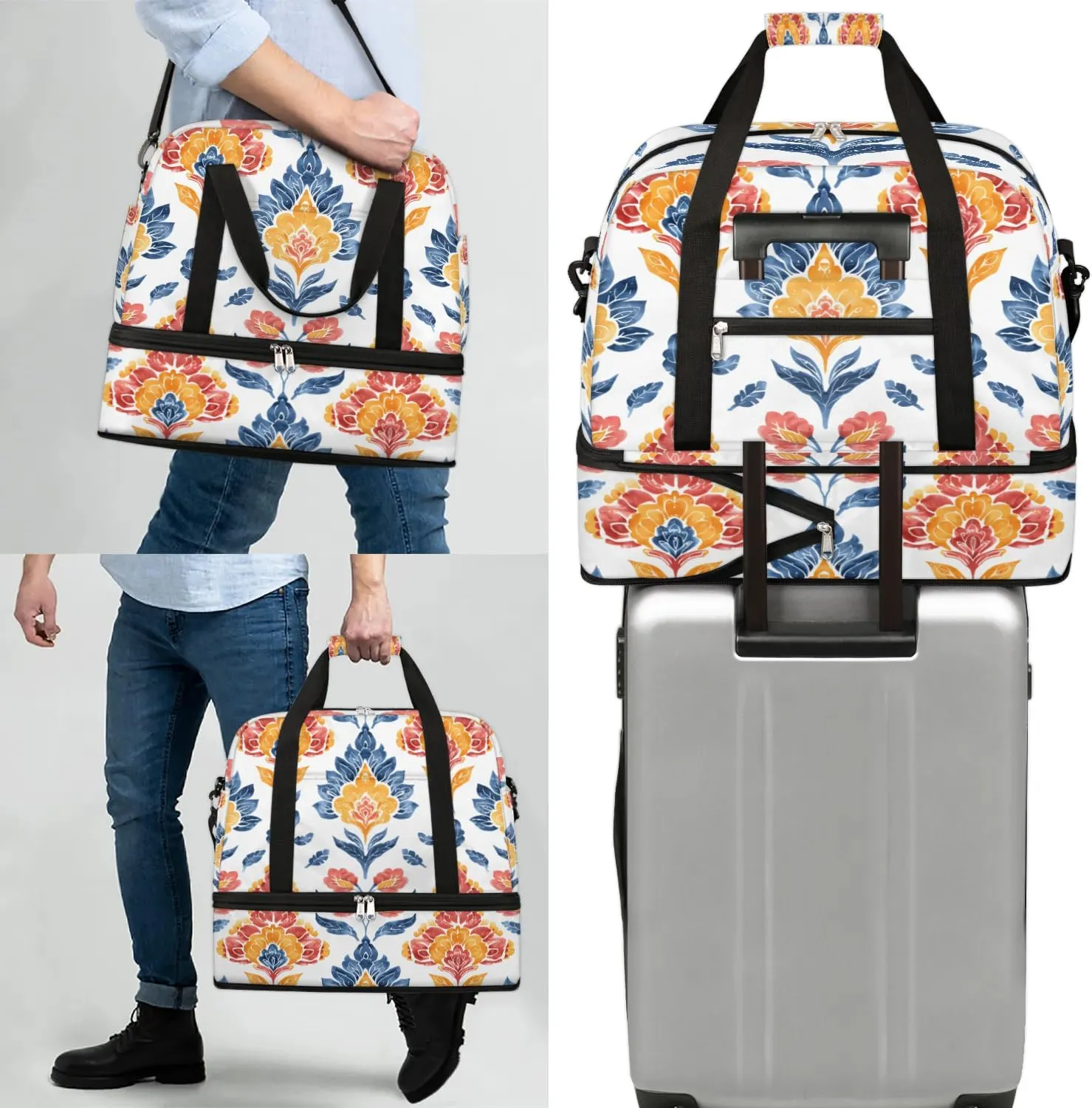 Graceful Flower Beauty Pattern Travel Duffle Bag, Collapsible Travel Bag Sports Gym Bag With Shoes Compartment Weekender Bag Overnight Bag For Women Men