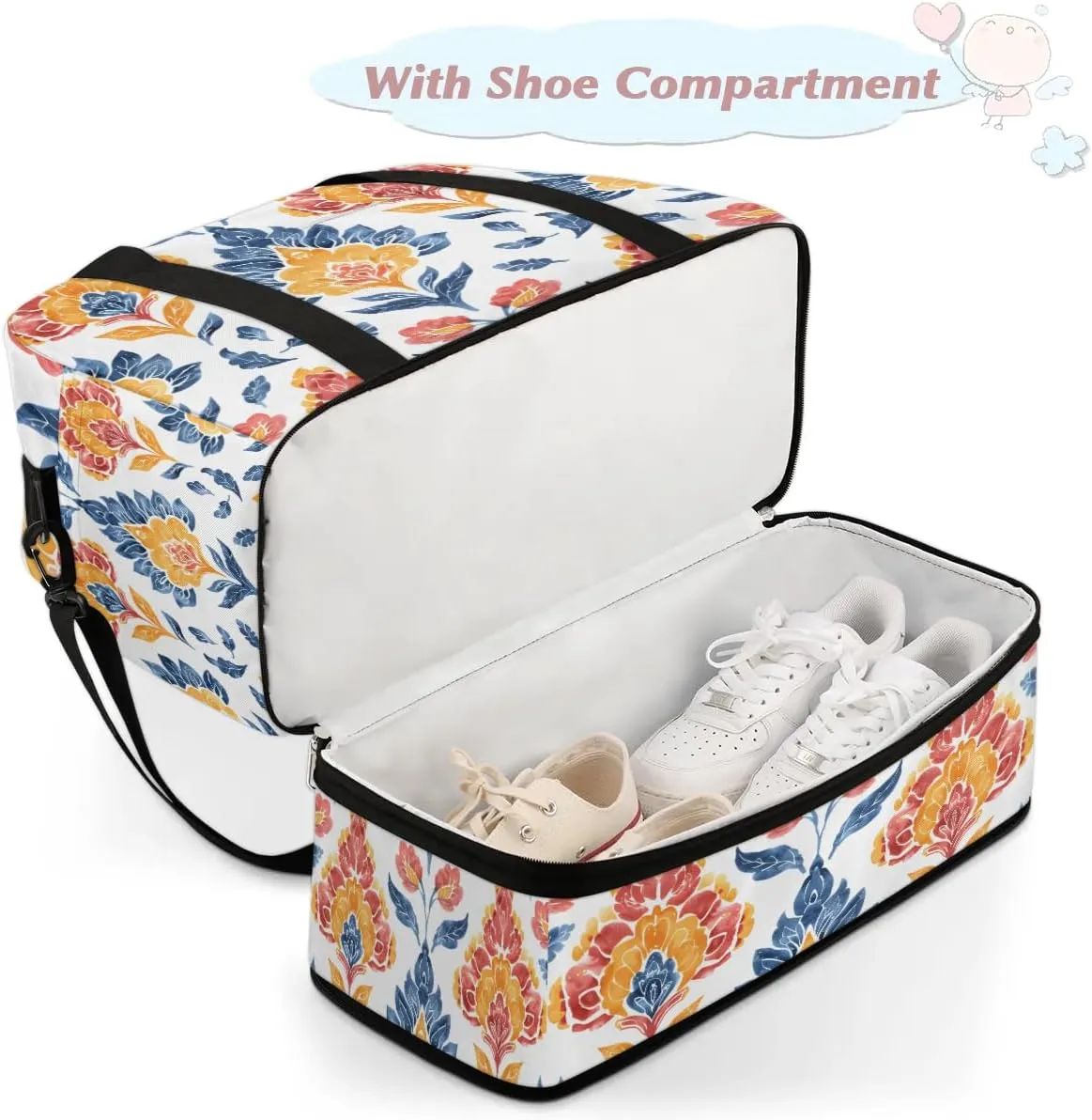 Graceful Flower Beauty Pattern Travel Duffle Bag, Collapsible Travel Bag Sports Gym Bag With Shoes Compartment Weekender Bag Overnight Bag For Women Men