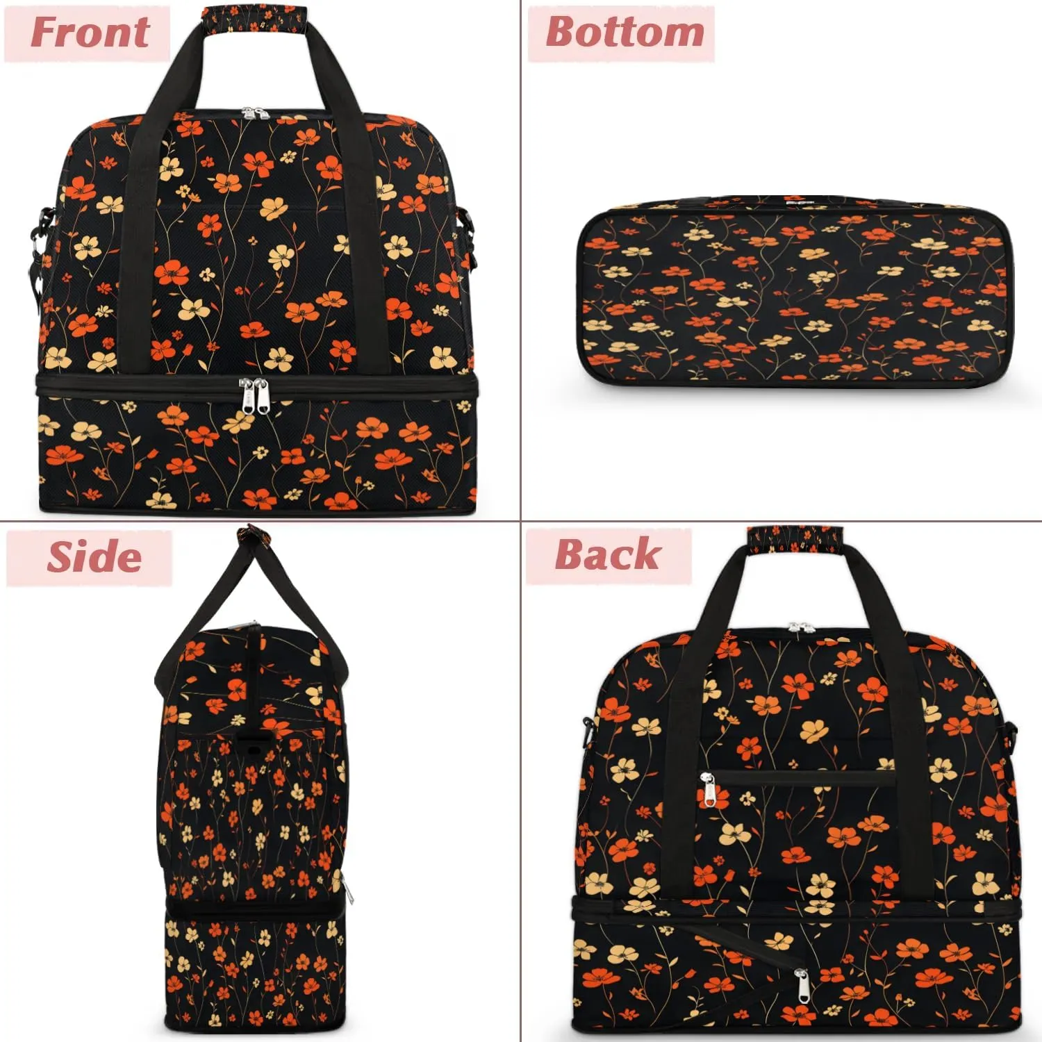 Graceful Flower Beauty Printings Travel Duffle Bag, Collapsible Travel Bag Sports Gym Bag With Shoes Compartment Weekender Bag Overnight Bag For Women Men
