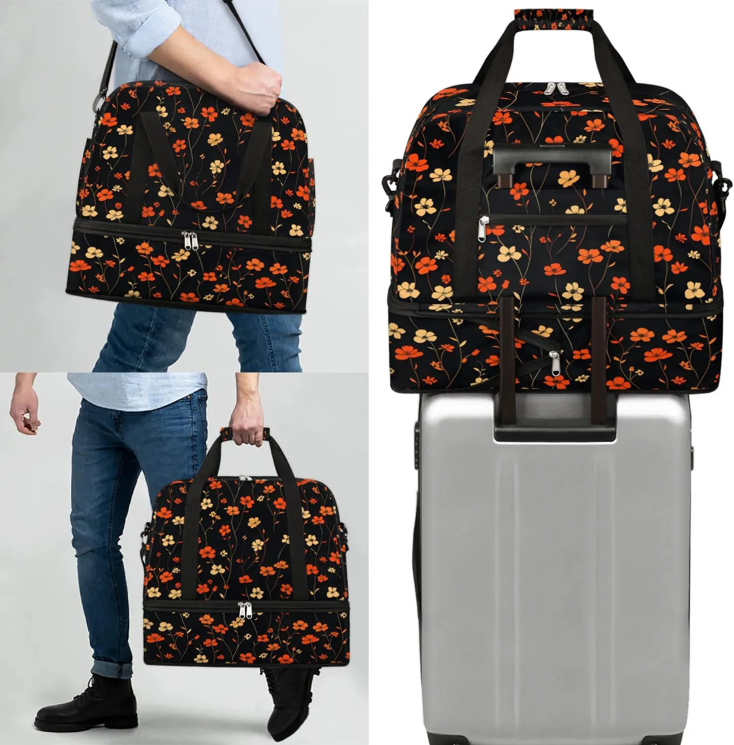 Graceful Flower Beauty Printings Travel Duffle Bag, Collapsible Travel Bag Sports Gym Bag With Shoes Compartment Weekender Bag Overnight Bag For Women Men