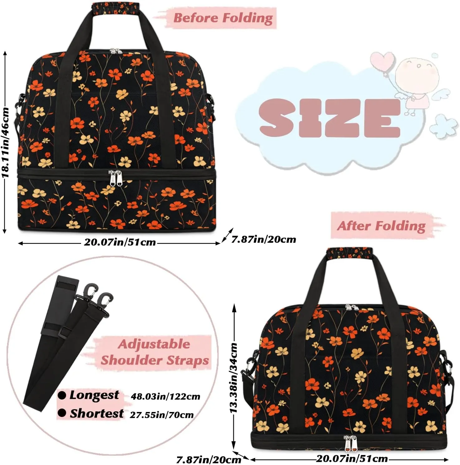 Graceful Flower Beauty Printings Travel Duffle Bag, Collapsible Travel Bag Sports Gym Bag With Shoes Compartment Weekender Bag Overnight Bag For Women Men