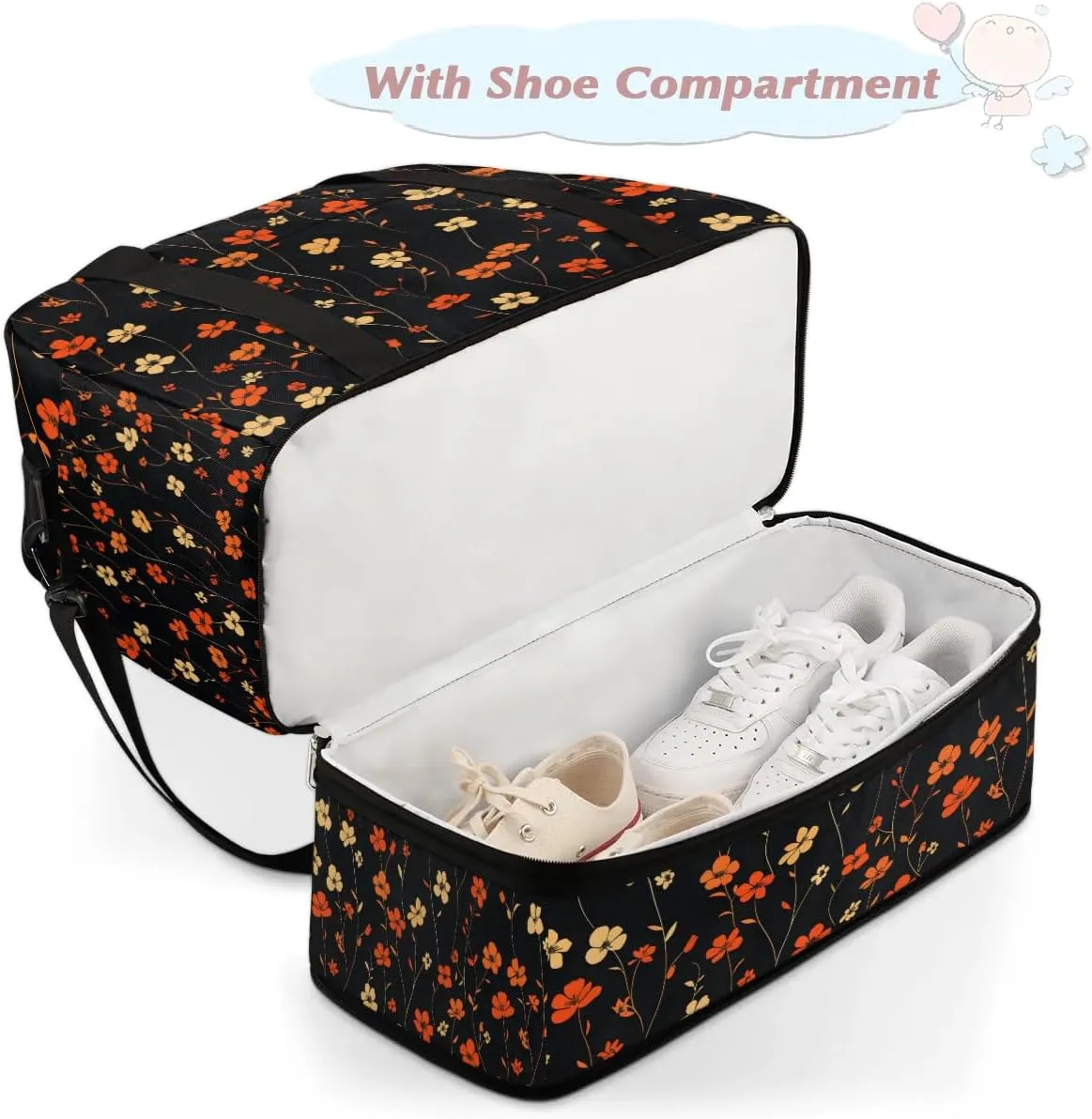 Graceful Flower Beauty Printings Travel Duffle Bag, Collapsible Travel Bag Sports Gym Bag With Shoes Compartment Weekender Bag Overnight Bag For Women Men