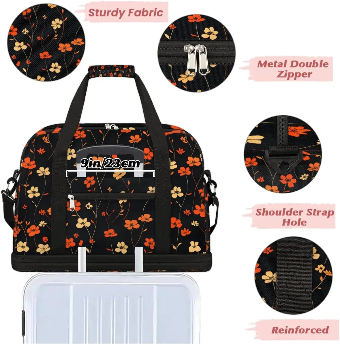 Graceful Flower Beauty Printings Travel Duffle Bag, Collapsible Travel Bag Sports Gym Bag With Shoes Compartment Weekender Bag Overnight Bag For Women Men
