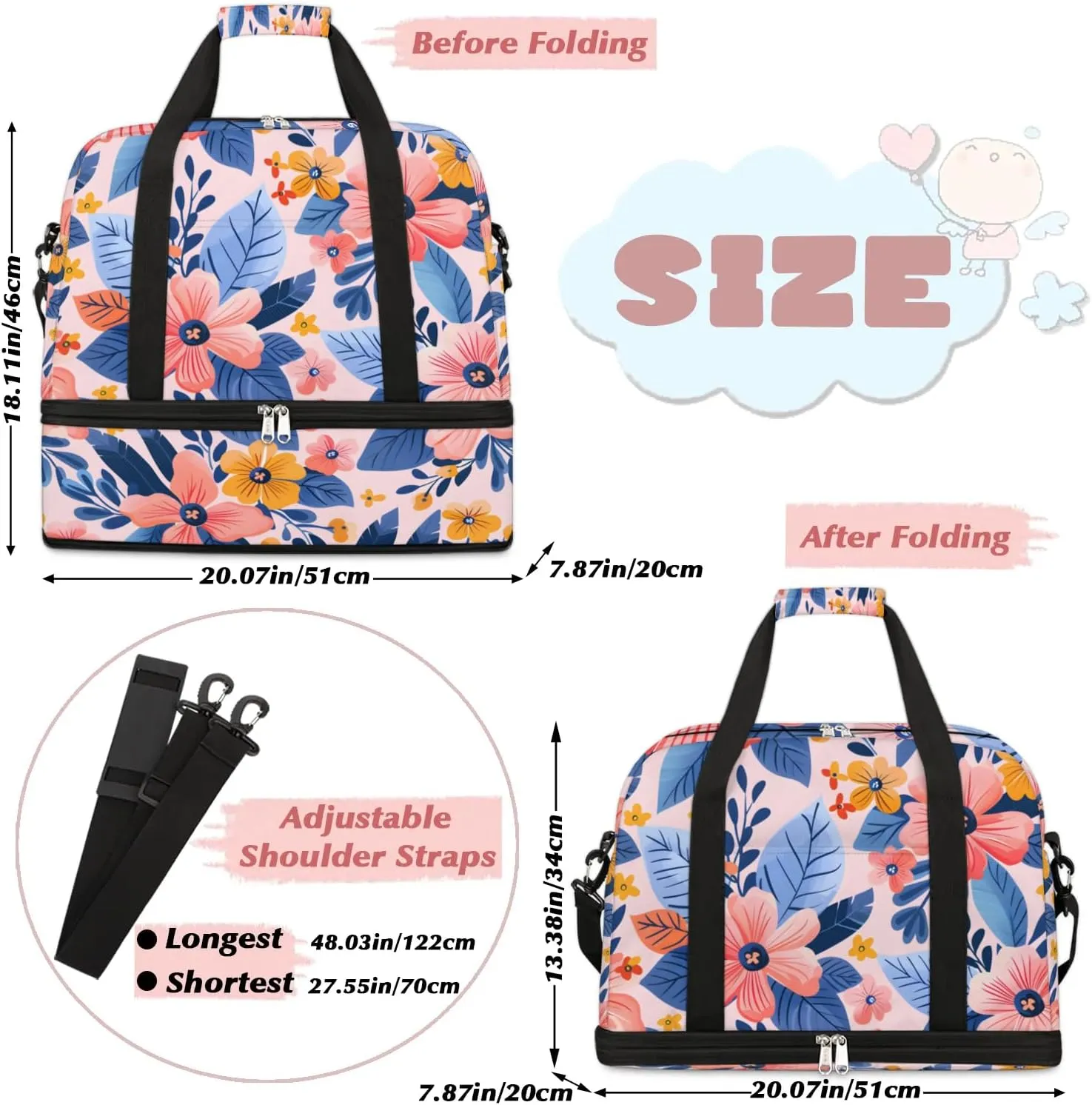 Graceful Flower Beauty Prints Travel Duffle Bag, Collapsible Travel Bag Sports Gym Bag With Shoes Compartment Weekender Bag Overnight Bag For Women Men