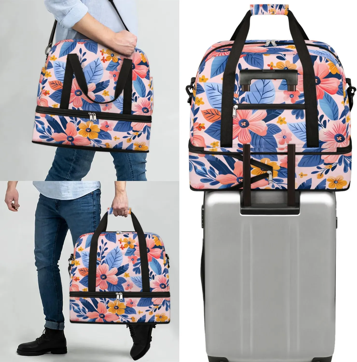 Graceful Flower Beauty Prints Travel Duffle Bag, Collapsible Travel Bag Sports Gym Bag With Shoes Compartment Weekender Bag Overnight Bag For Women Men