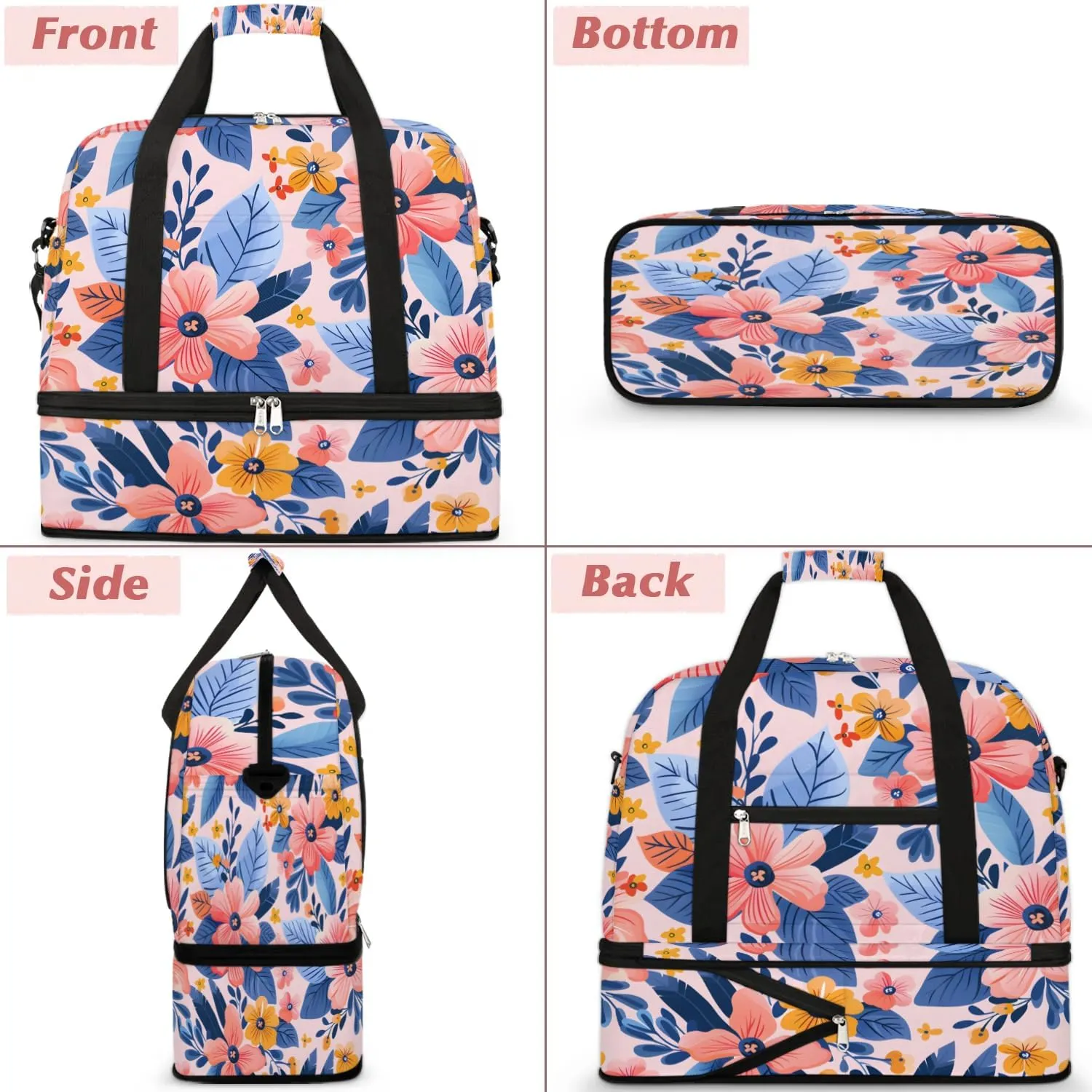 Graceful Flower Beauty Prints Travel Duffle Bag, Collapsible Travel Bag Sports Gym Bag With Shoes Compartment Weekender Bag Overnight Bag For Women Men