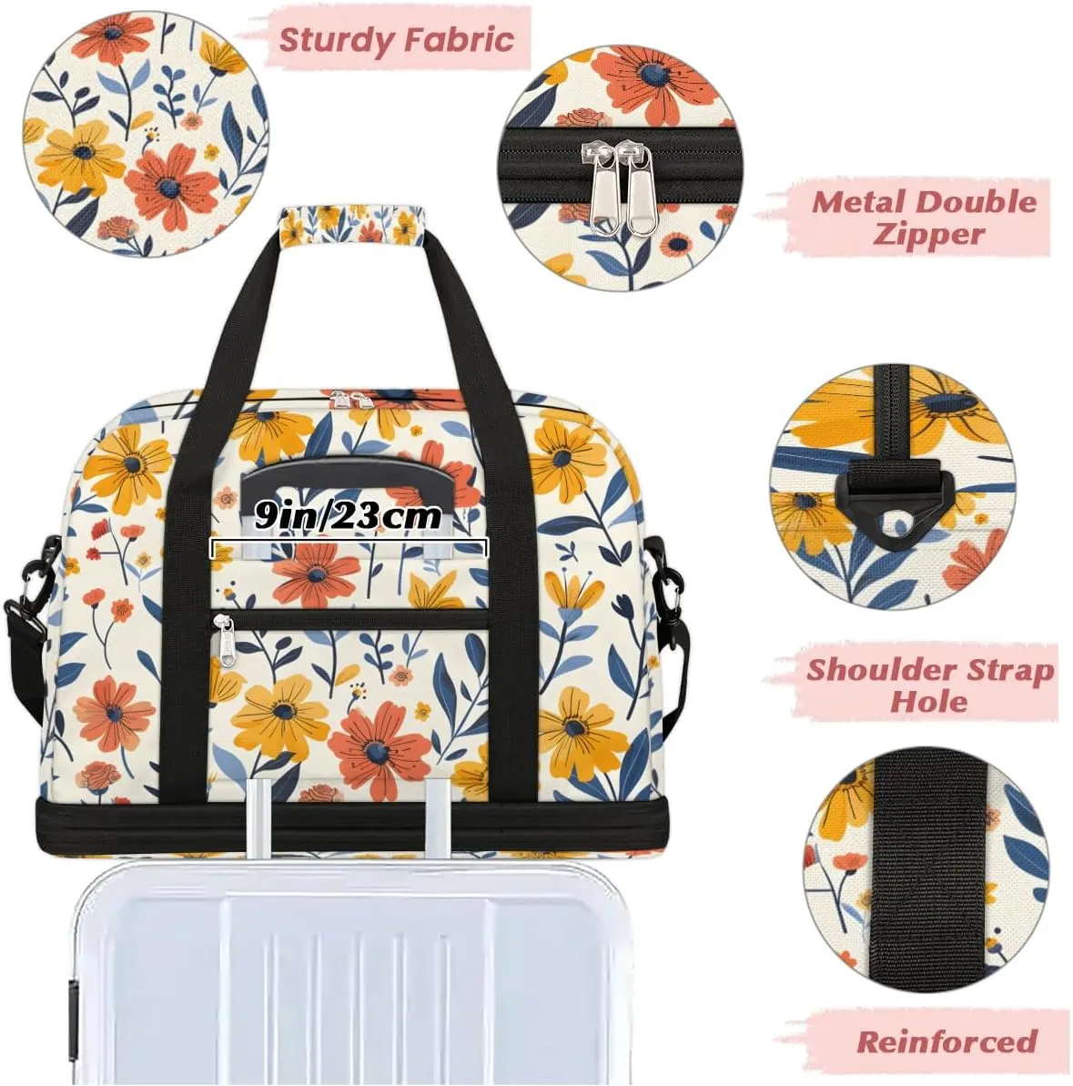 Graceful Flower Colorful Patterns Travel Duffle Bag, Collapsible Travel Bag Sports Gym Bag With Shoes Compartment Weekender Bag Overnight Bag For Women Men