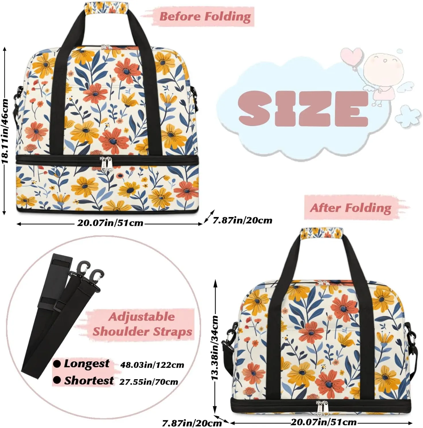 Graceful Flower Colorful Patterns Travel Duffle Bag, Collapsible Travel Bag Sports Gym Bag With Shoes Compartment Weekender Bag Overnight Bag For Women Men