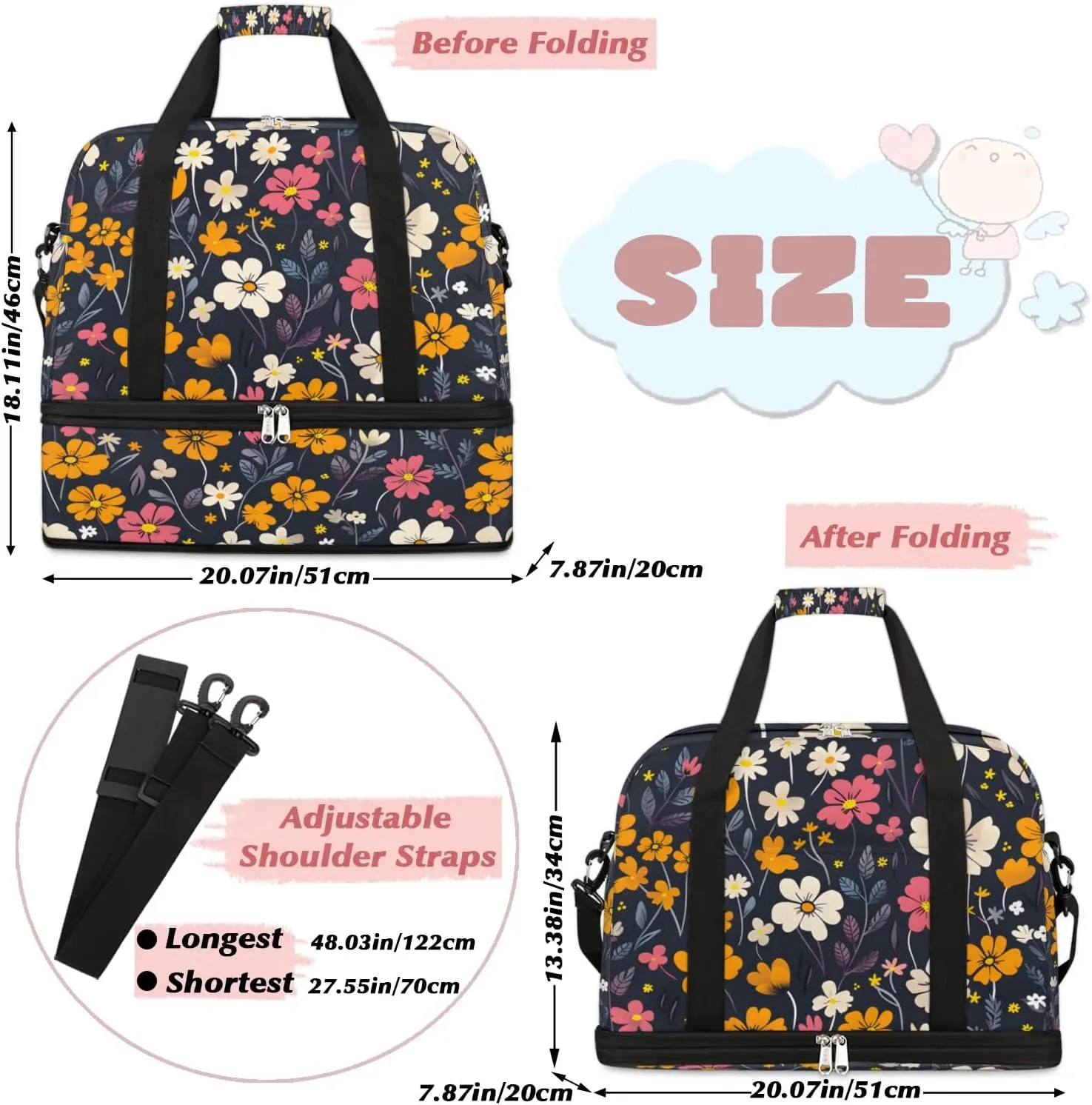 Graceful Flower Colorful Printing Travel Duffle Bag, Collapsible Travel Bag Sports Gym Bag With Shoes Compartment Weekender Bag Overnight Bag For Women Men