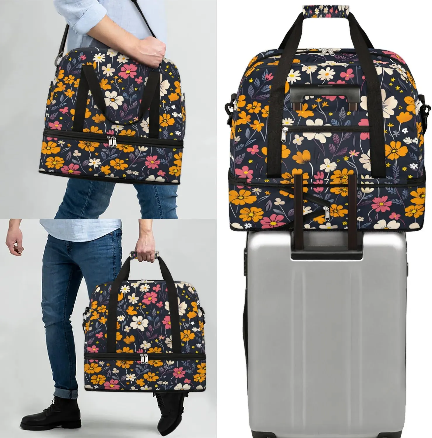 Graceful Flower Colorful Printing Travel Duffle Bag, Collapsible Travel Bag Sports Gym Bag With Shoes Compartment Weekender Bag Overnight Bag For Women Men