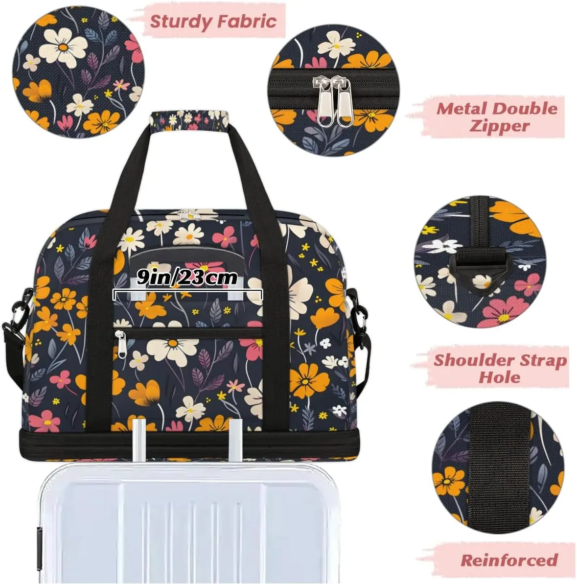 Graceful Flower Colorful Printing Travel Duffle Bag, Collapsible Travel Bag Sports Gym Bag With Shoes Compartment Weekender Bag Overnight Bag For Women Men
