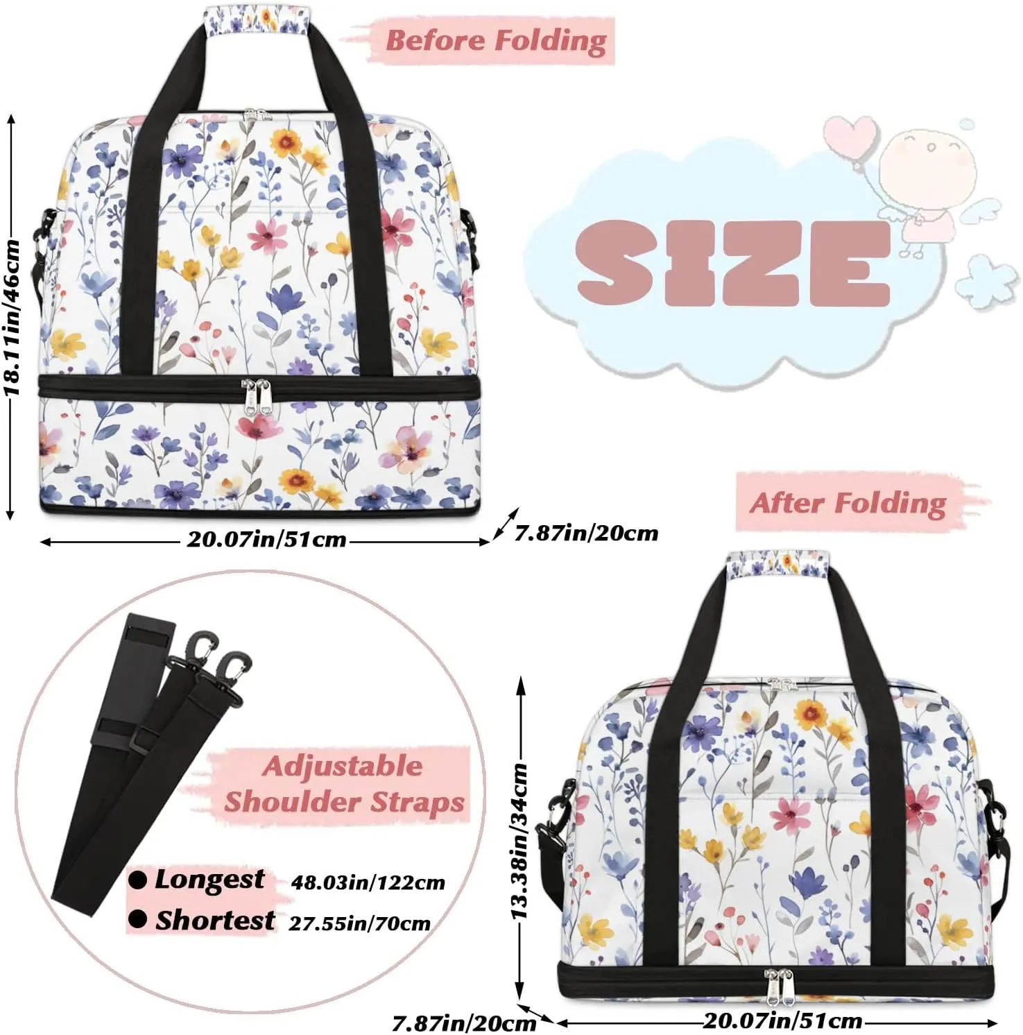 Graceful Flower Colorful Printings Travel Duffle Bag, Collapsible Travel Bag Sports Gym Bag With Shoes Compartment Weekender Bag Overnight Bag For Women Men