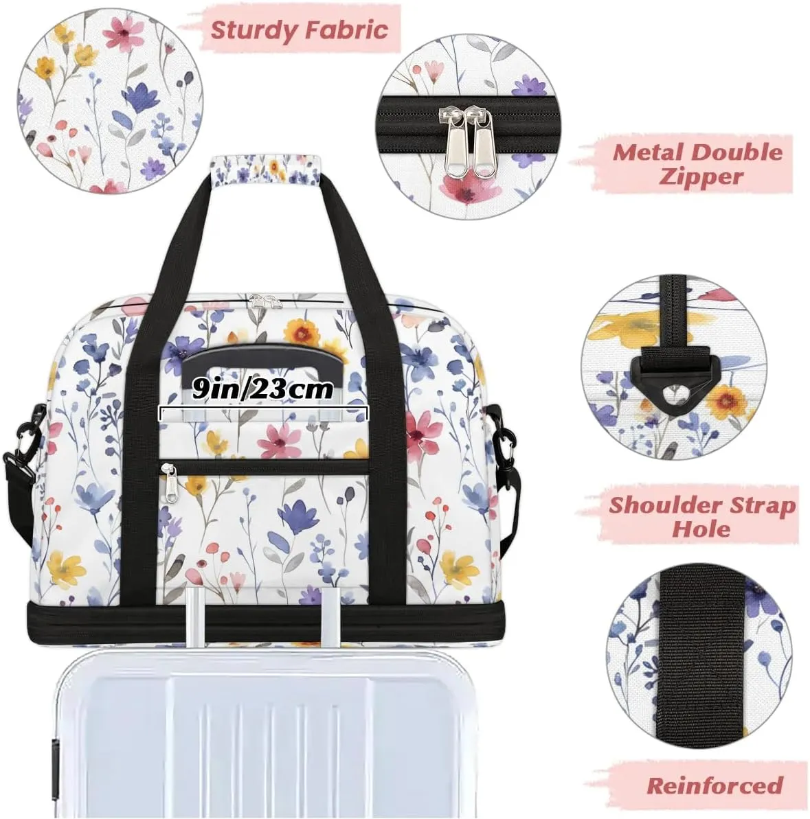 Graceful Flower Colorful Printings Travel Duffle Bag, Collapsible Travel Bag Sports Gym Bag With Shoes Compartment Weekender Bag Overnight Bag For Women Men