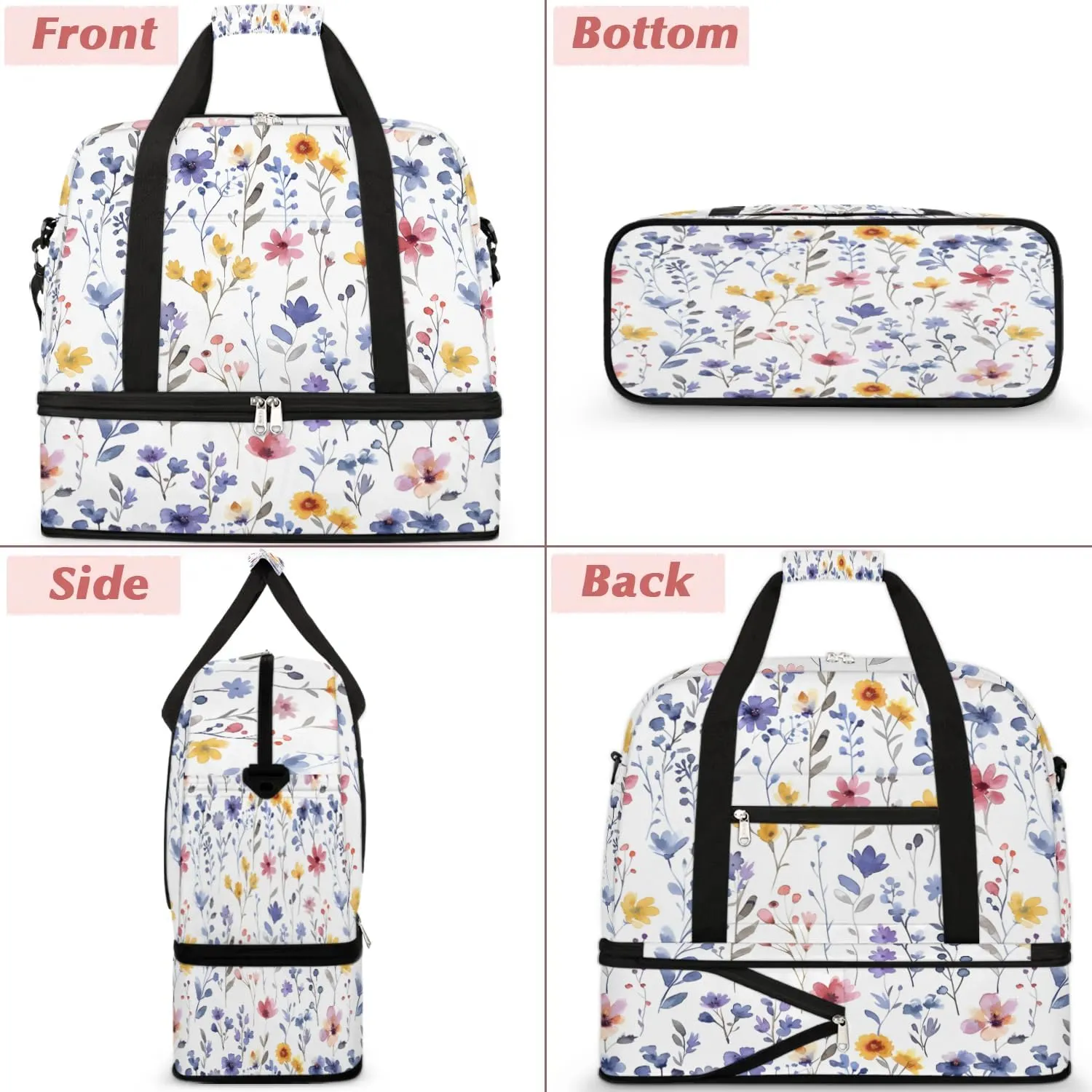 Graceful Flower Colorful Printings Travel Duffle Bag, Collapsible Travel Bag Sports Gym Bag With Shoes Compartment Weekender Bag Overnight Bag For Women Men