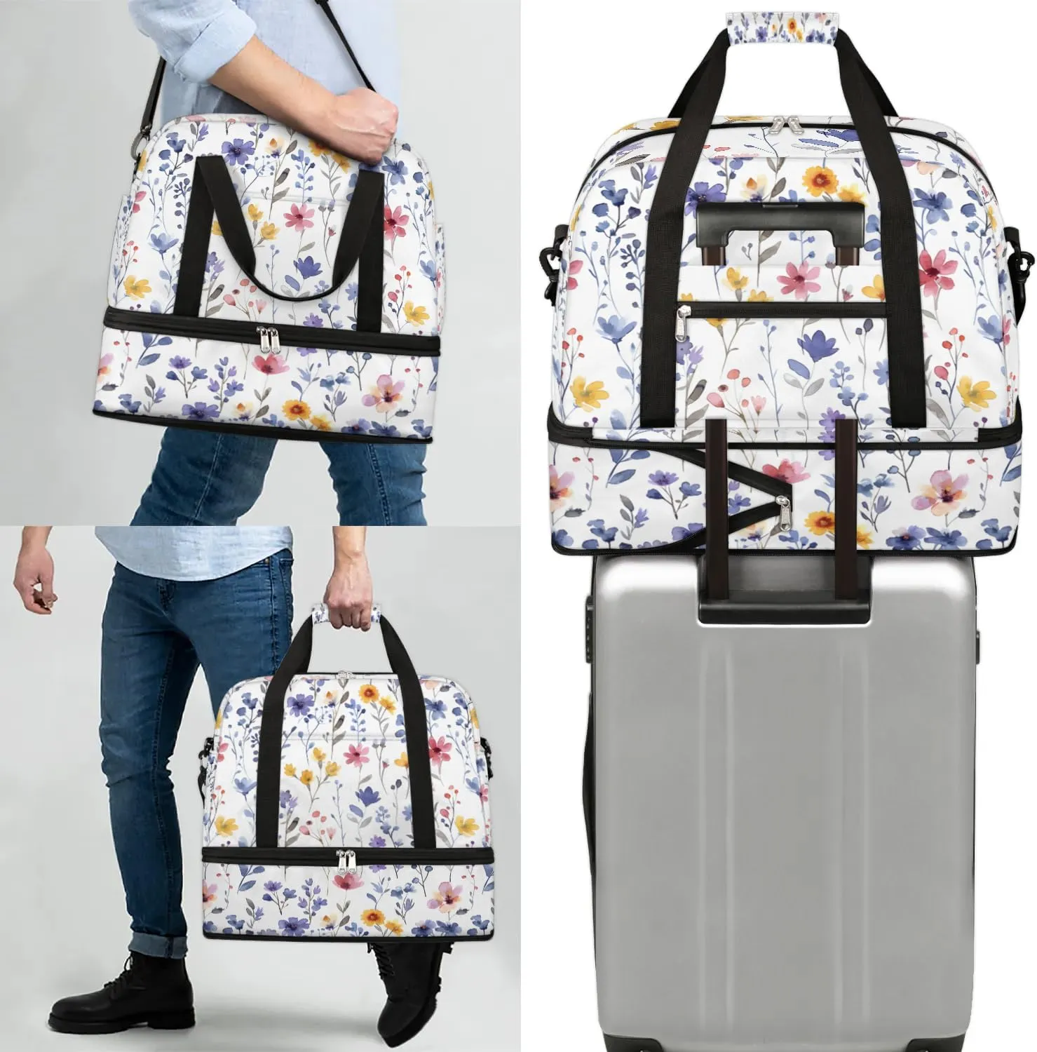 Graceful Flower Colorful Printings Travel Duffle Bag, Collapsible Travel Bag Sports Gym Bag With Shoes Compartment Weekender Bag Overnight Bag For Women Men