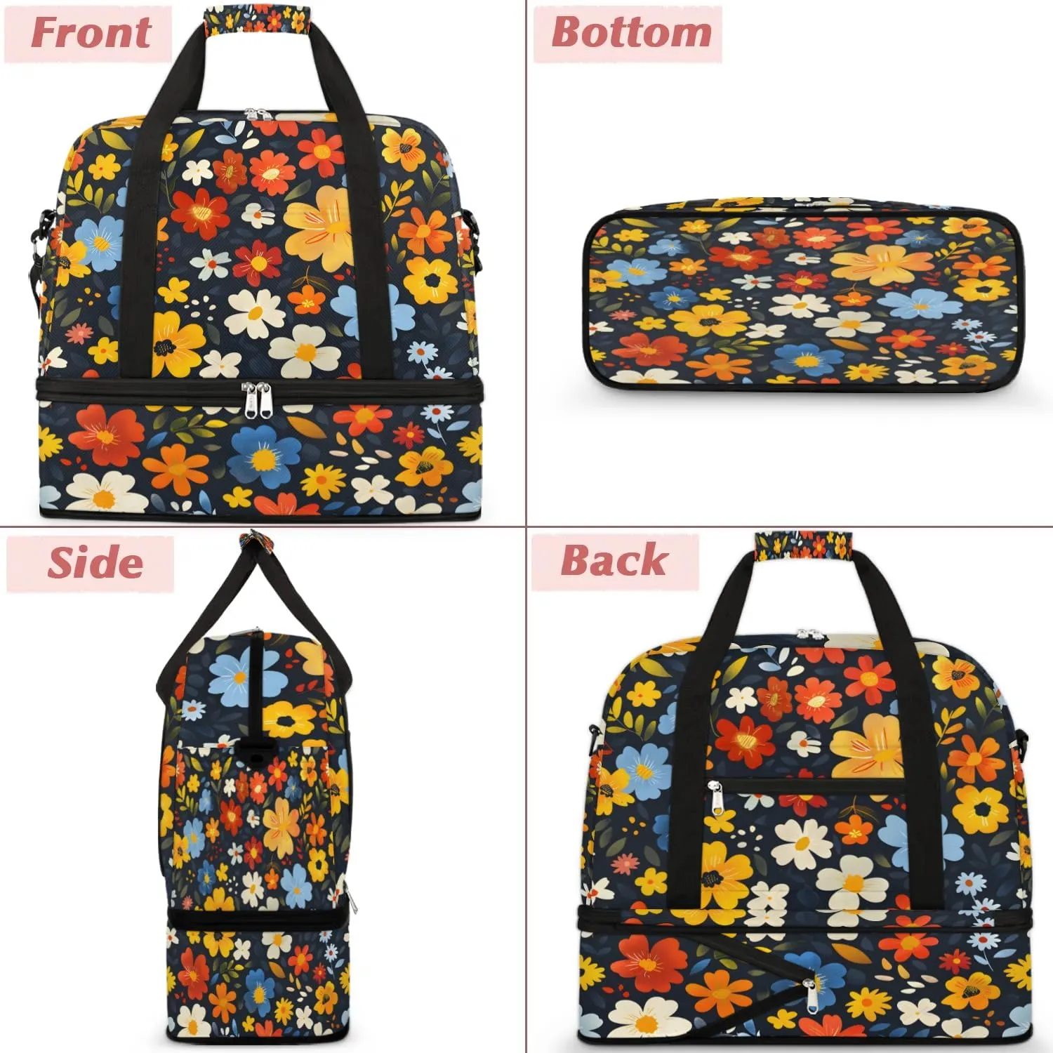 Graceful Flower Colorful Prints Travel Duffle Bag, Collapsible Travel Bag Sports Gym Bag With Shoes Compartment Weekender Bag Overnight Bag For Women Men