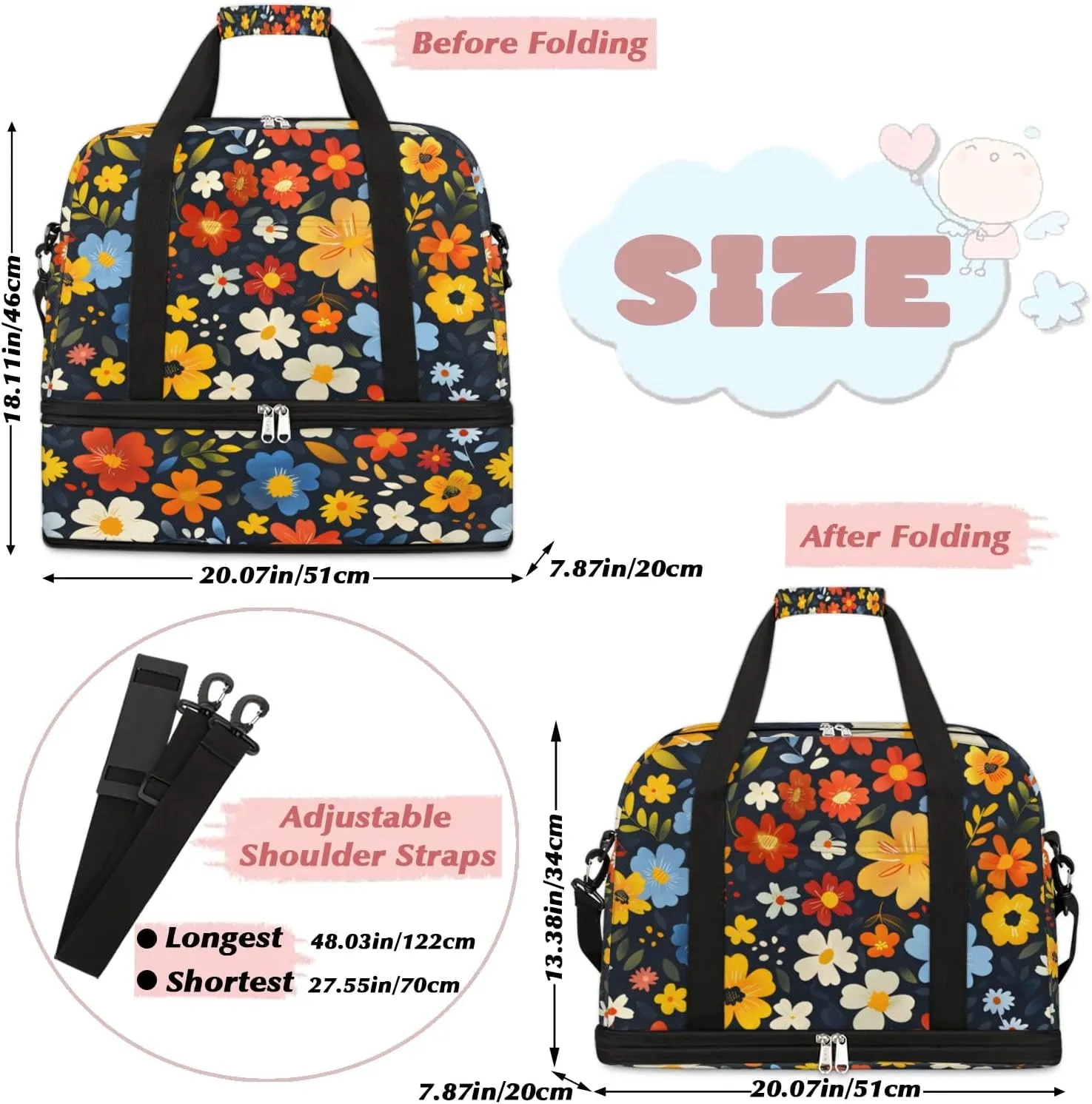Graceful Flower Colorful Prints Travel Duffle Bag, Collapsible Travel Bag Sports Gym Bag With Shoes Compartment Weekender Bag Overnight Bag For Women Men