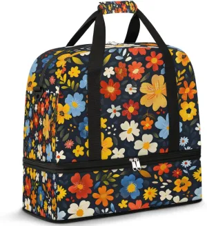 Graceful Flower Colorful Prints Travel Duffle Bag, Collapsible Travel Bag Sports Gym Bag With Shoes Compartment Weekender Bag Overnight Bag For Women Men