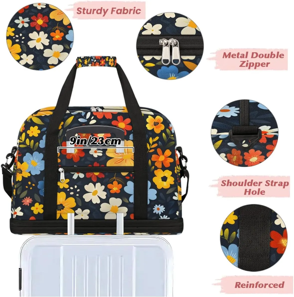 Graceful Flower Colorful Prints Travel Duffle Bag, Collapsible Travel Bag Sports Gym Bag With Shoes Compartment Weekender Bag Overnight Bag For Women Men