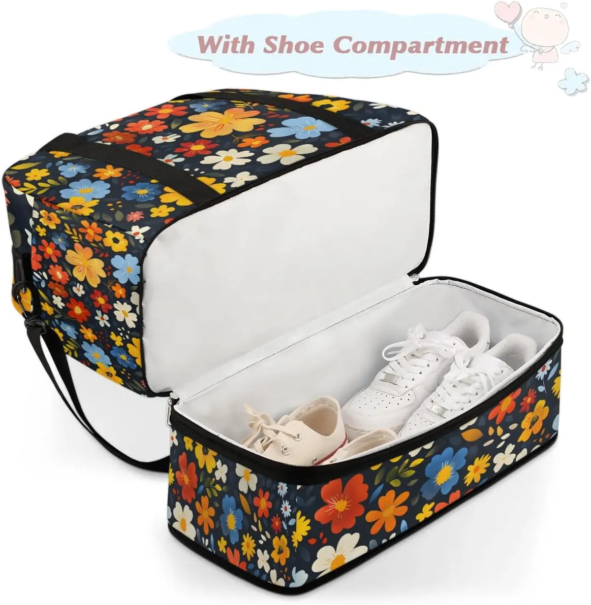 Graceful Flower Colorful Prints Travel Duffle Bag, Collapsible Travel Bag Sports Gym Bag With Shoes Compartment Weekender Bag Overnight Bag For Women Men