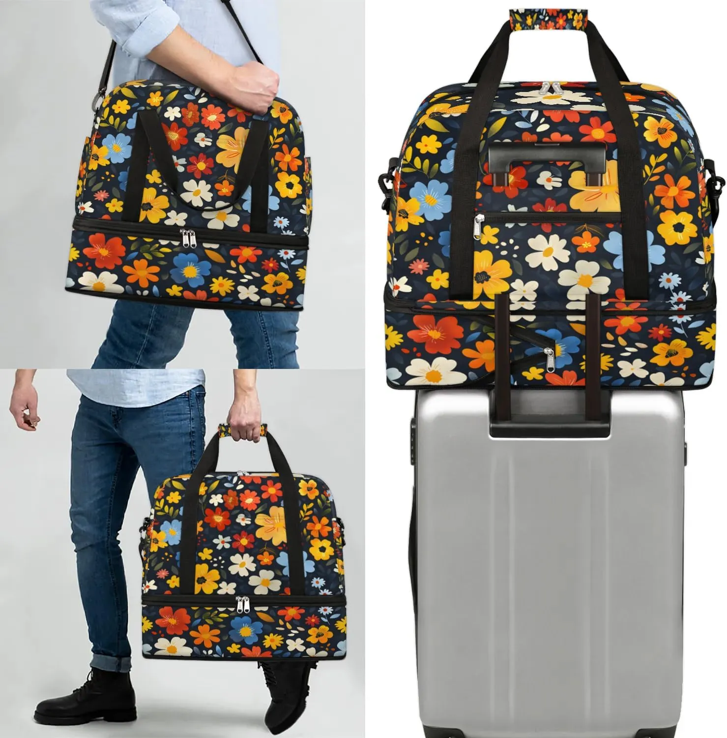 Graceful Flower Colorful Prints Travel Duffle Bag, Collapsible Travel Bag Sports Gym Bag With Shoes Compartment Weekender Bag Overnight Bag For Women Men