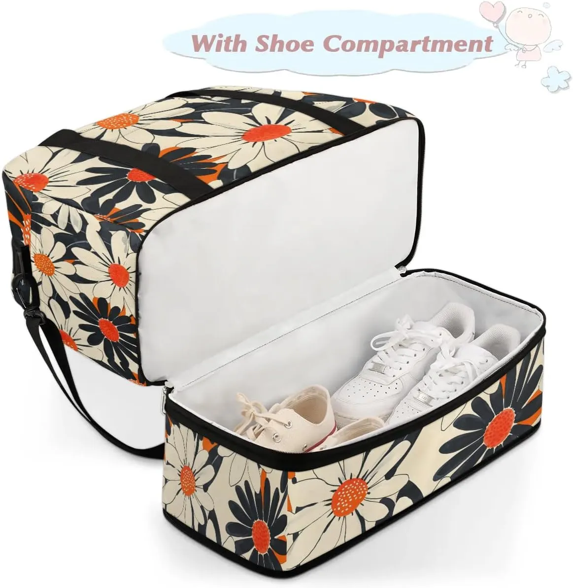 Graceful Flower Elegant Pattern Travel Duffle Bag, Collapsible Travel Bag Sports Gym Bag With Shoes Compartment Weekender Bag Overnight Bag For Women Men