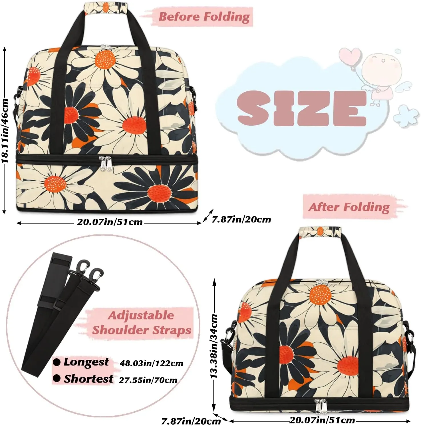 Graceful Flower Elegant Pattern Travel Duffle Bag, Collapsible Travel Bag Sports Gym Bag With Shoes Compartment Weekender Bag Overnight Bag For Women Men