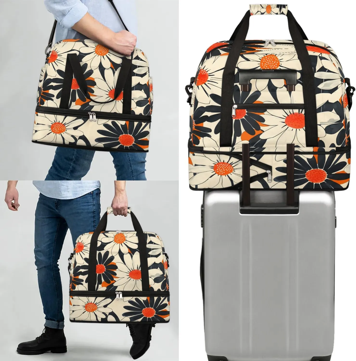 Graceful Flower Elegant Pattern Travel Duffle Bag, Collapsible Travel Bag Sports Gym Bag With Shoes Compartment Weekender Bag Overnight Bag For Women Men