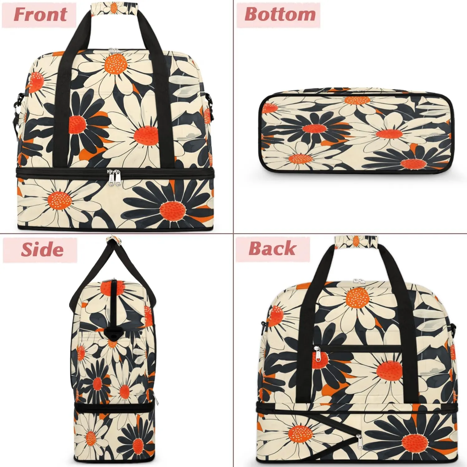 Graceful Flower Elegant Pattern Travel Duffle Bag, Collapsible Travel Bag Sports Gym Bag With Shoes Compartment Weekender Bag Overnight Bag For Women Men