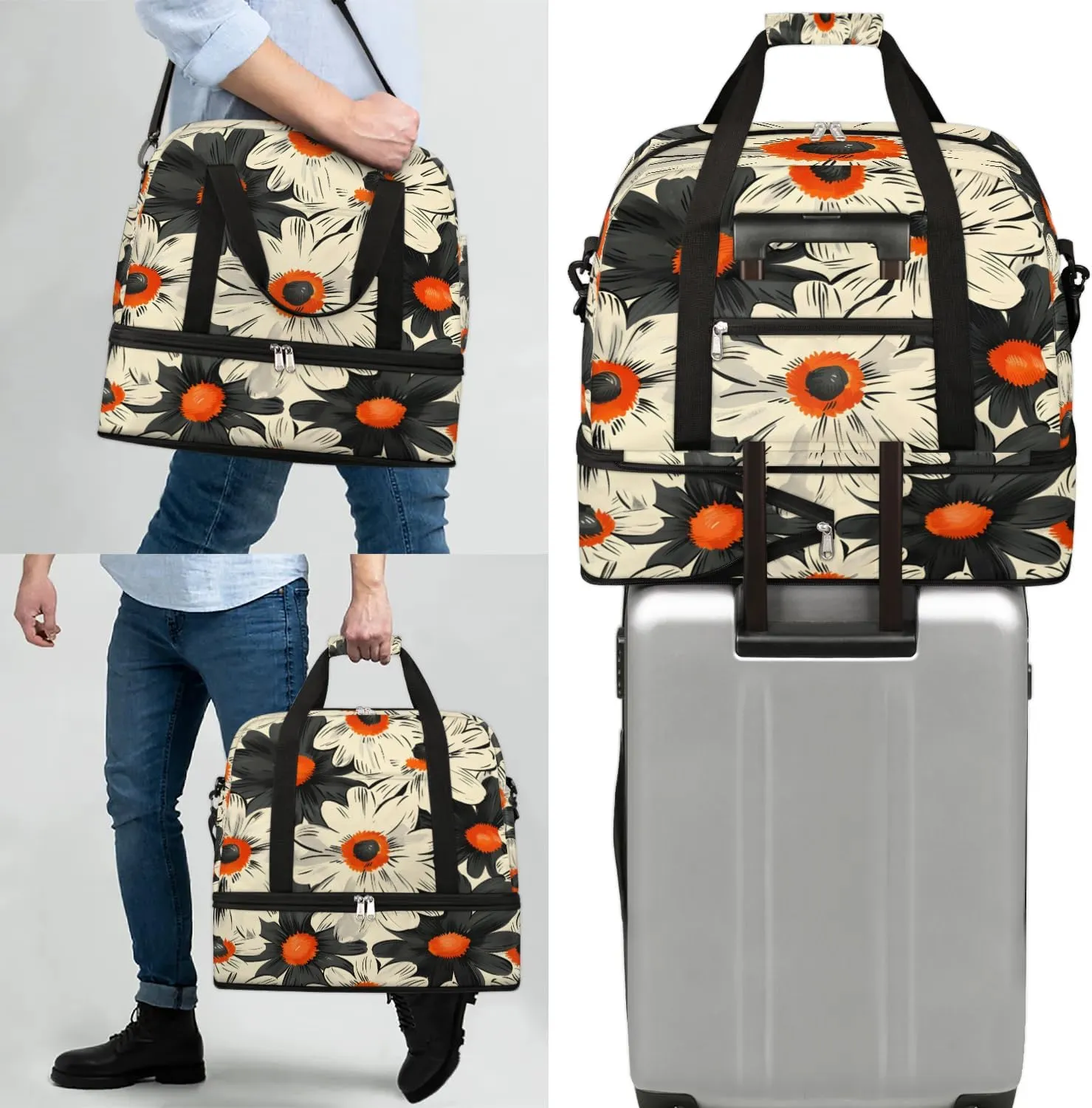 Graceful Flower Elegant Patterns Travel Duffle Bag, Collapsible Travel Bag Sports Gym Bag With Shoes Compartment Weekender Bag Overnight Bag For Women Men