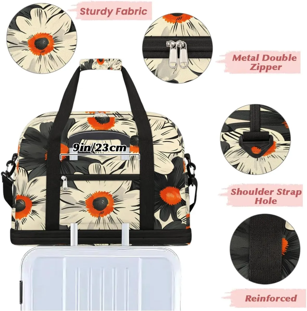 Graceful Flower Elegant Patterns Travel Duffle Bag, Collapsible Travel Bag Sports Gym Bag With Shoes Compartment Weekender Bag Overnight Bag For Women Men