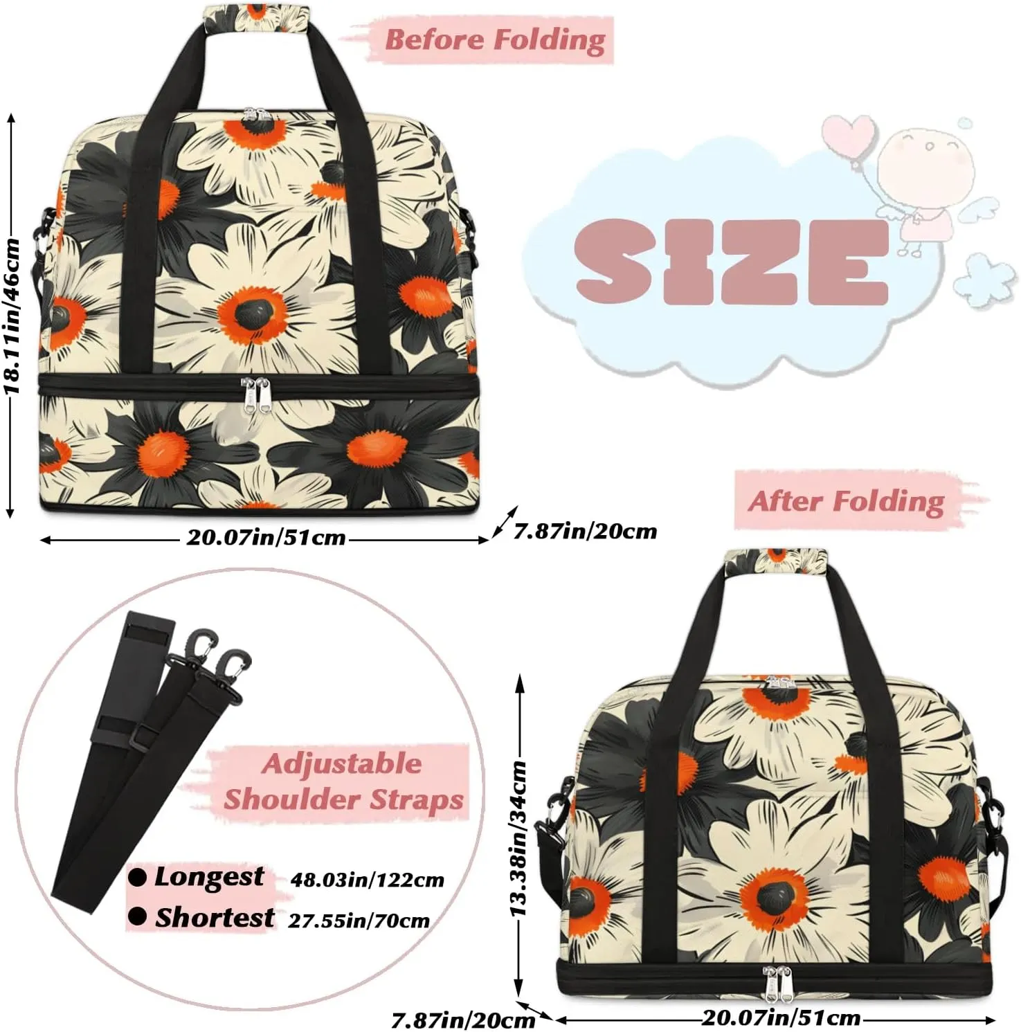 Graceful Flower Elegant Patterns Travel Duffle Bag, Collapsible Travel Bag Sports Gym Bag With Shoes Compartment Weekender Bag Overnight Bag For Women Men
