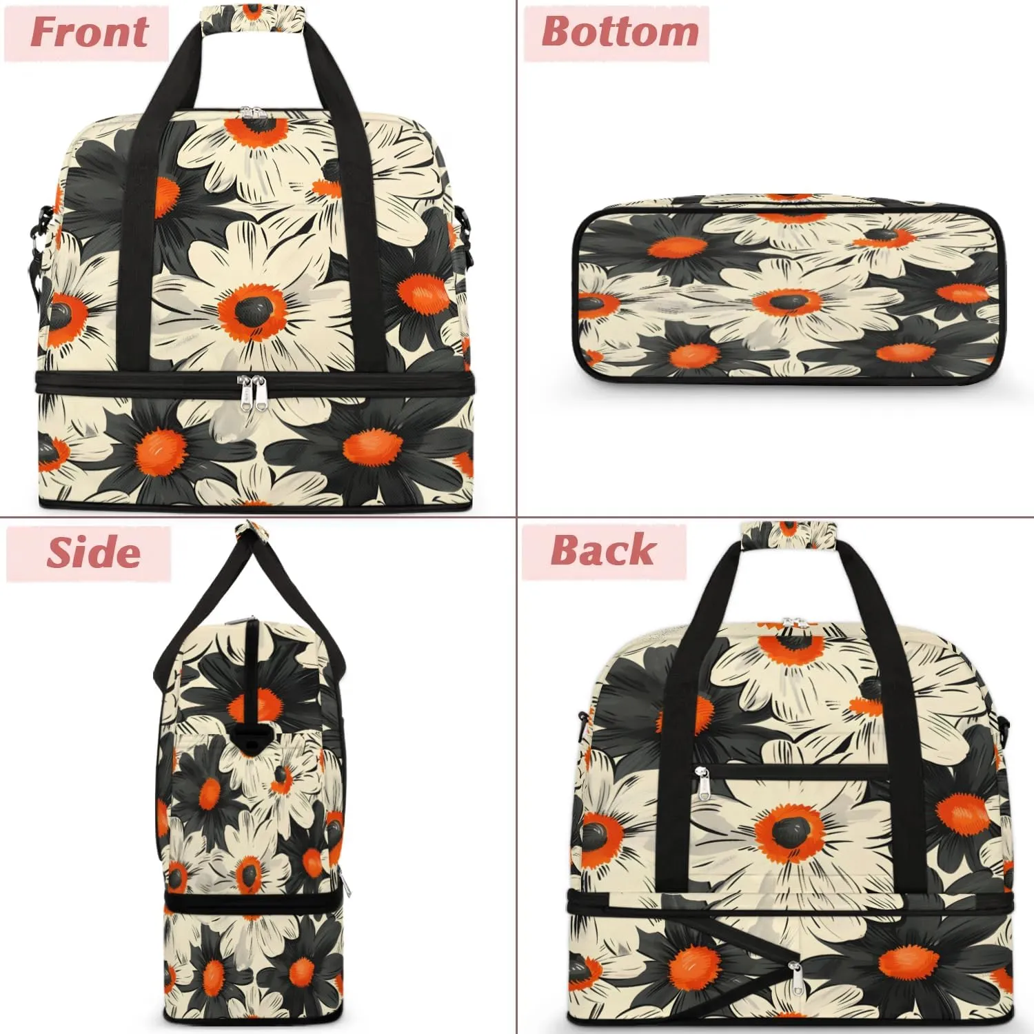 Graceful Flower Elegant Patterns Travel Duffle Bag, Collapsible Travel Bag Sports Gym Bag With Shoes Compartment Weekender Bag Overnight Bag For Women Men
