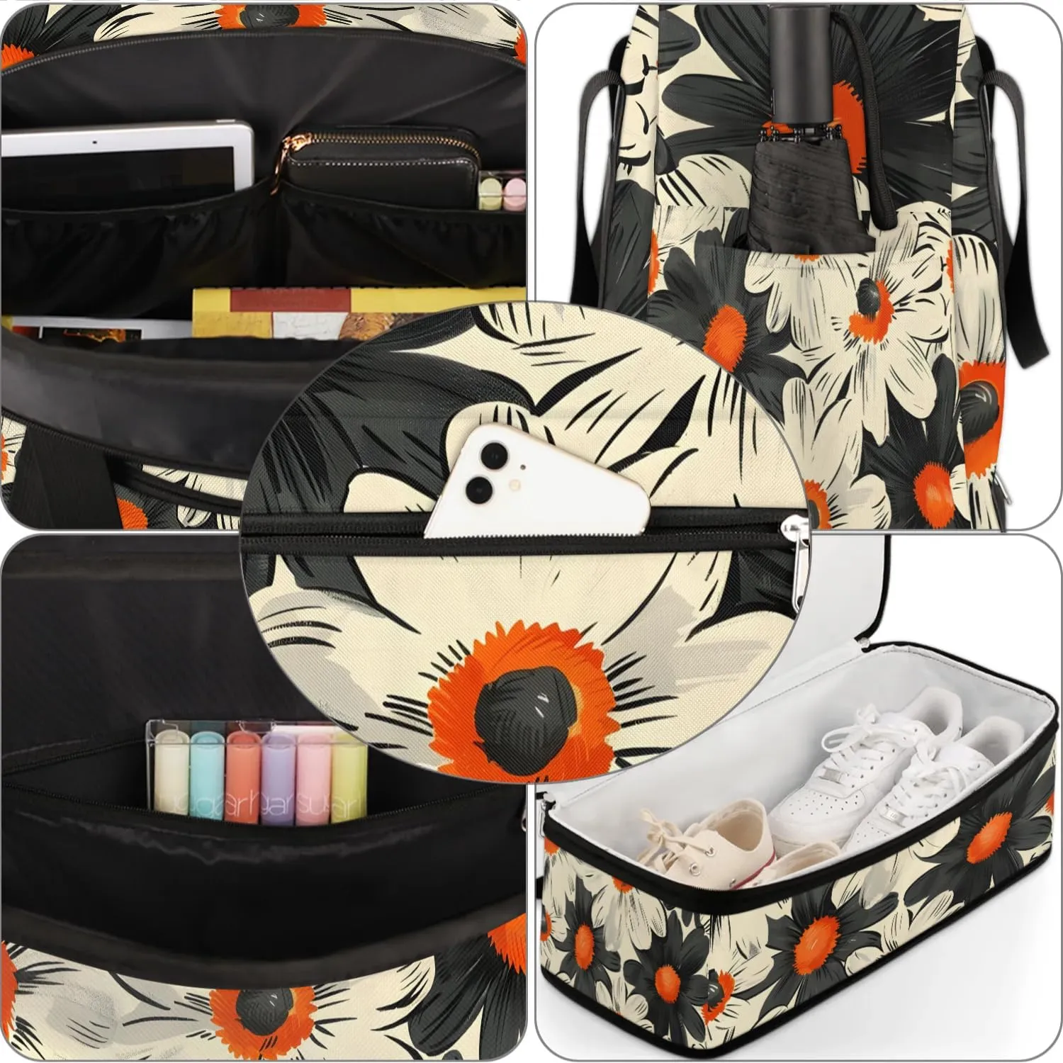 Graceful Flower Elegant Patterns Travel Duffle Bag, Collapsible Travel Bag Sports Gym Bag With Shoes Compartment Weekender Bag Overnight Bag For Women Men
