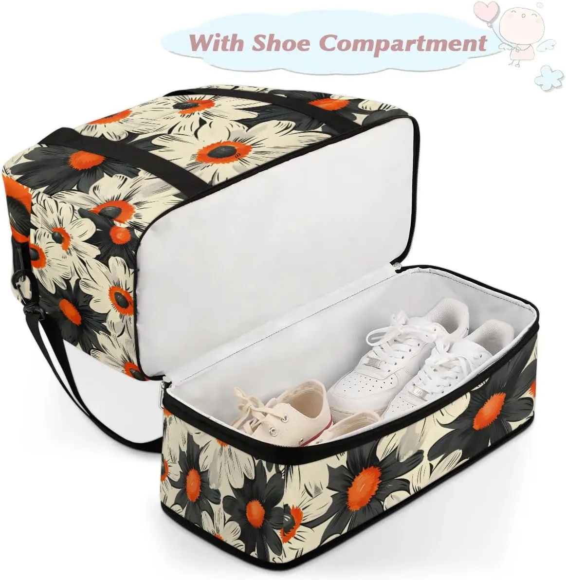 Graceful Flower Elegant Patterns Travel Duffle Bag, Collapsible Travel Bag Sports Gym Bag With Shoes Compartment Weekender Bag Overnight Bag For Women Men