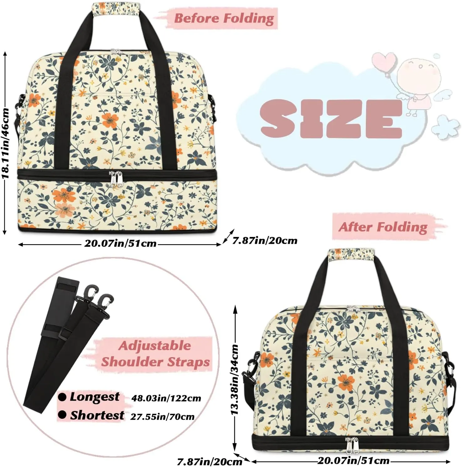 Graceful Flower Pattern Colorful Travel Duffle Bag, Collapsible Travel Bag Sports Gym Bag With Shoes Compartment Weekender Bag Overnight Bag For Women Men