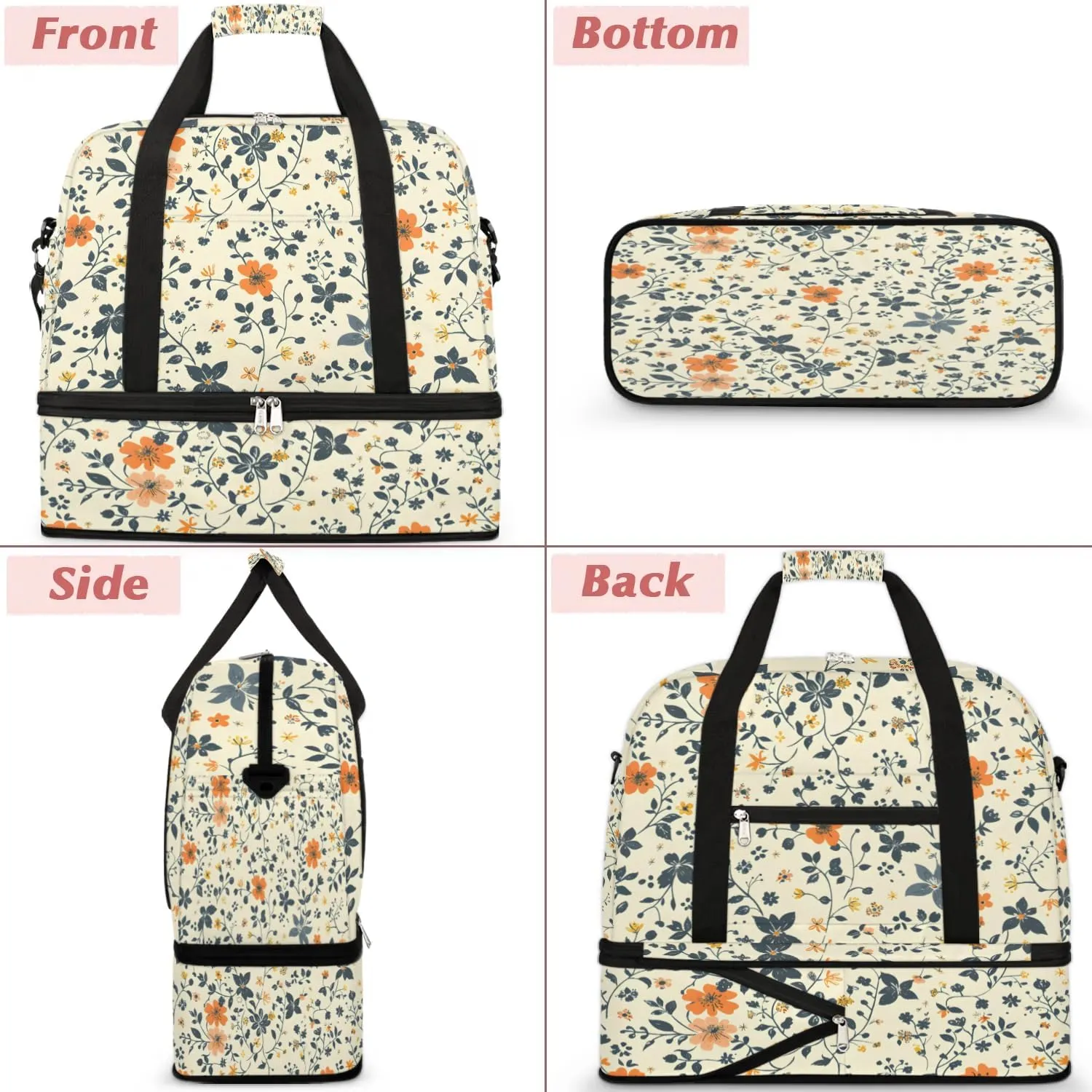 Graceful Flower Pattern Colorful Travel Duffle Bag, Collapsible Travel Bag Sports Gym Bag With Shoes Compartment Weekender Bag Overnight Bag For Women Men