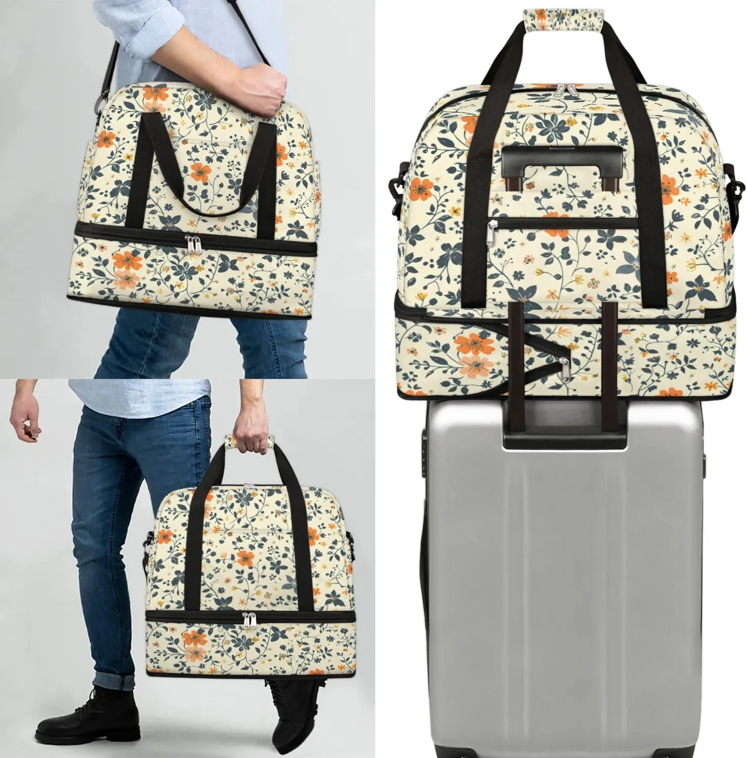 Graceful Flower Pattern Colorful Travel Duffle Bag, Collapsible Travel Bag Sports Gym Bag With Shoes Compartment Weekender Bag Overnight Bag For Women Men